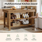 Solid Wood Large Kitchen Island, 3-Tier 55 Inch Stationary Center Island Table with Open Storage Shelves, Farmhouse Counter Height Coffee Bar for Kitchen, Dining Room, Living Room, Brown