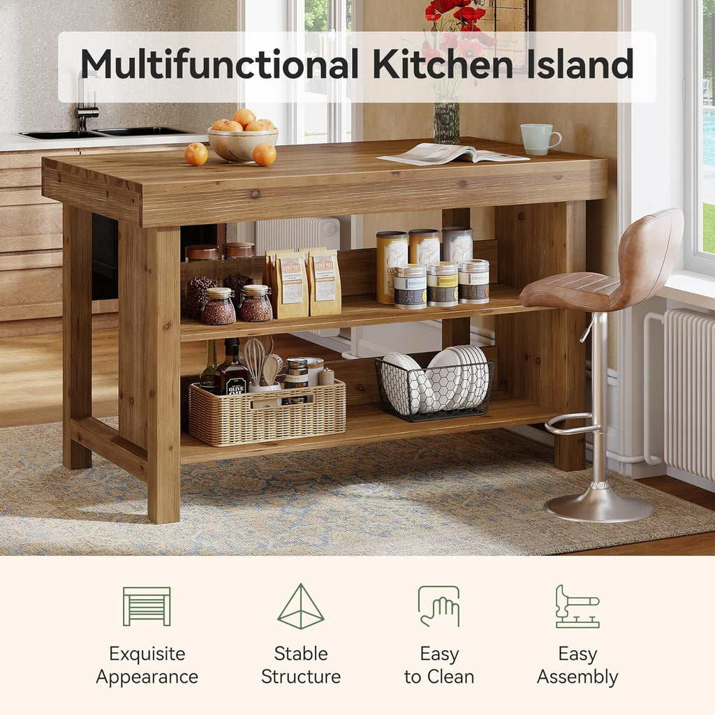 55" Solid Wood Kitchen Island with Storage, Farmhouse Kitchen Island Table with 3-Tier Open Shelves and Large Countertop for Kitchen, Dining & Living Room, Natural Oak