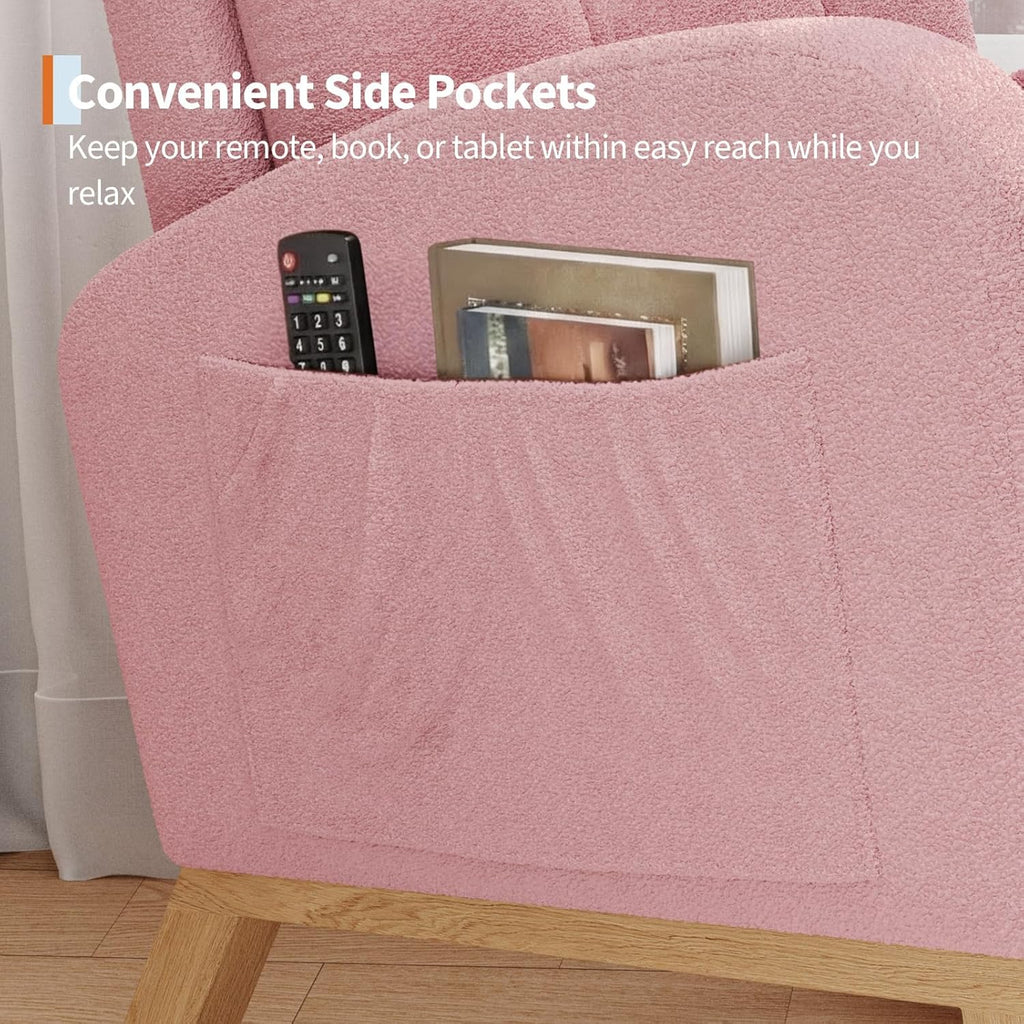 Modern Nursery Rocking Chair – High Backrest, Sturdy Wooden Legs, Soft Pink Lambswool Upholstery, Ergonomic Glider with Side Pocket, Cozy Accent Chair, Pink Lambswool Without Footrests