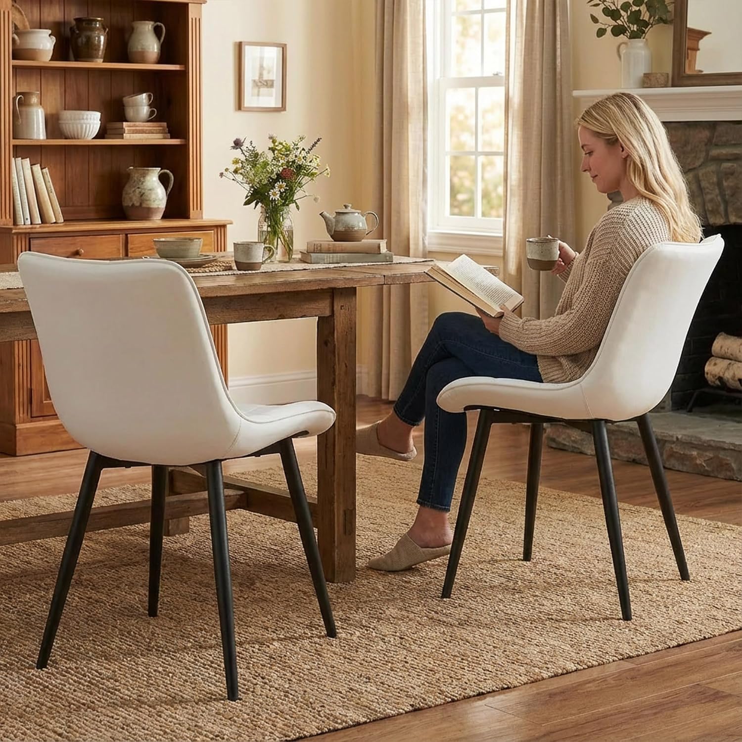 YOUTASTE White Dining Chairs Set of 2, Faux Leather Upholstered Armless Chairs with Back and Black Metal Legs, Mid Century Modern Kitchen Chairs for Living Room, Vanity, or Guest Reception Room