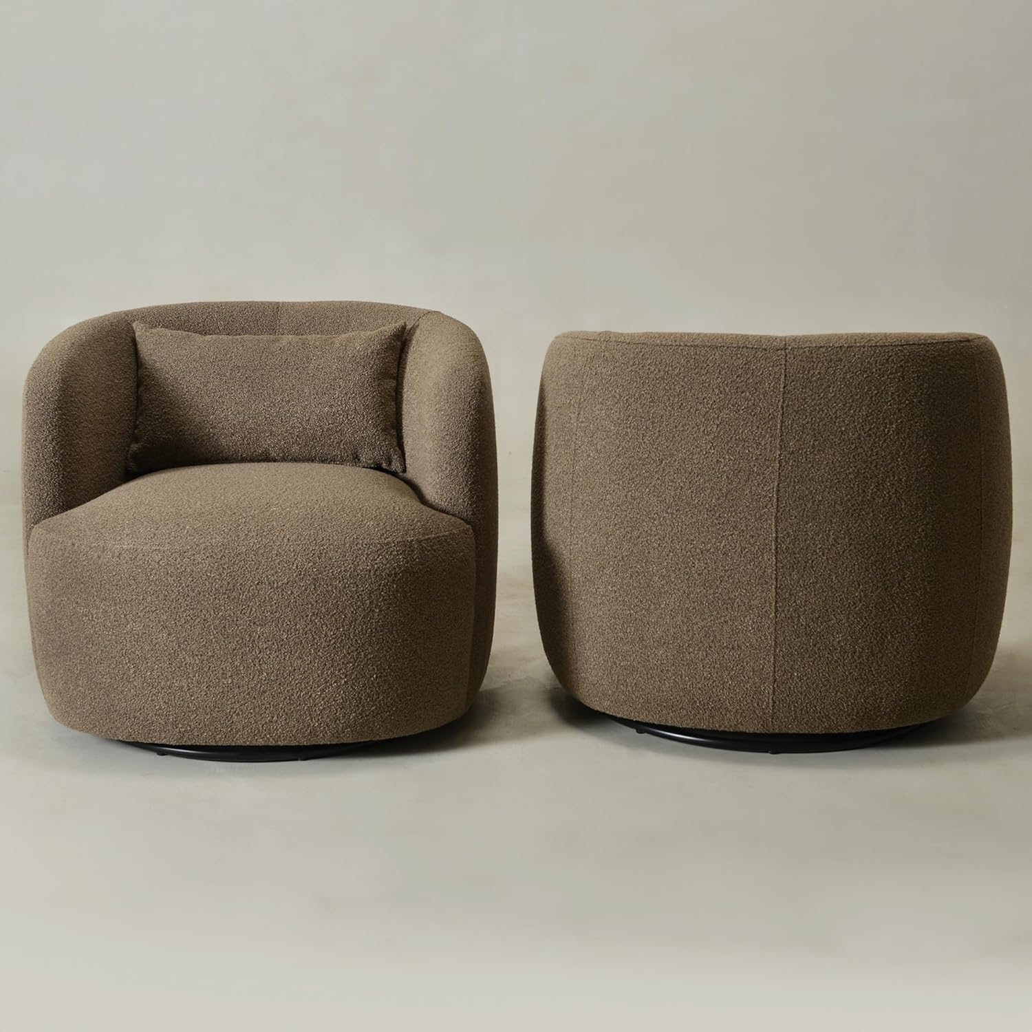 KINWELL 34" Wide Sherpa Swivel Barrel Chairs Set of 2, No Assembly Round Boucle Upholstered Accent Chairs Armchairs Single Sofa Chair with Toss Pillow for Living Room and Bedroom, Teddy Brown