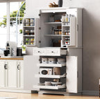 Kitchen Pantry with 3 Pull Out Cabinet Organizers, Farmhouse Freestanding Storage Cabinet with 6 Door Shelves and 2 Drawers for Kitchen, Dining Room (White)