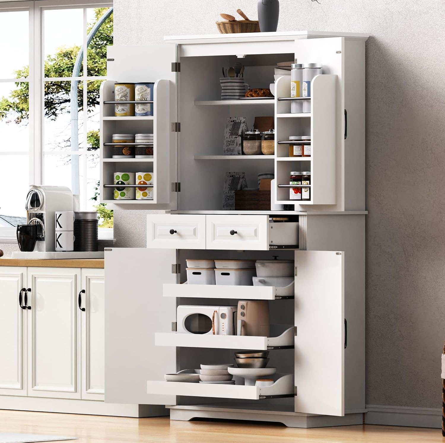 Kitchen Pantry with 3 Pull Out Cabinet Organizers, Farmhouse Freestanding Storage Cabinet with 6 Door Shelves and 2 Drawers for Kitchen, Dining Room (White)