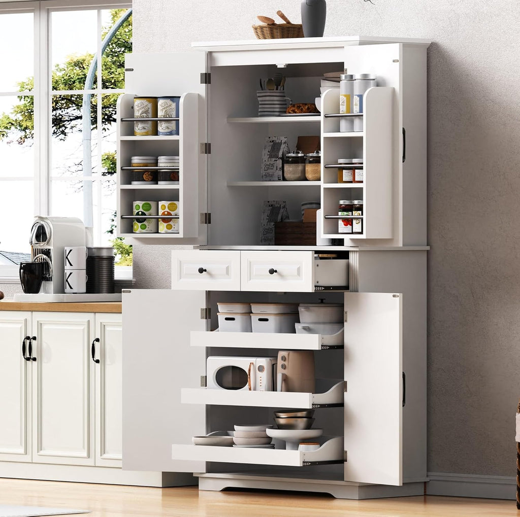 Kitchen Tall Pantry with 3 Pull Out Cabinet Organizers, Farmhouse Freestanding Storage Cabinet with 6 Door Shelves and 2 Drawers for Kitchen, Dining Room (White)