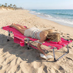 COSTWAY Tanning Chair with Face Hole, Folding Sun Bathing Lounge Chair with Armrest, Side Pocket & Protective Flap, Face Down Layout Chair for Beach, Patio, Pool, Outside (1, Pink+White)