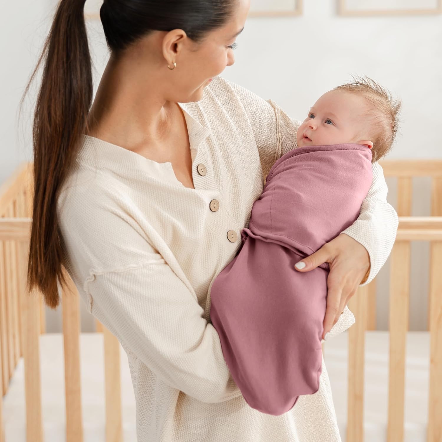 Comfy Cubs Easy Swaddle Blanket, 3 Pack - 100% Cotton Newborn Wrap, Small for 0-3 Months Infants, Breathable and Durable Sleep Sack for Babies - Blush, Mauve & Mulberry