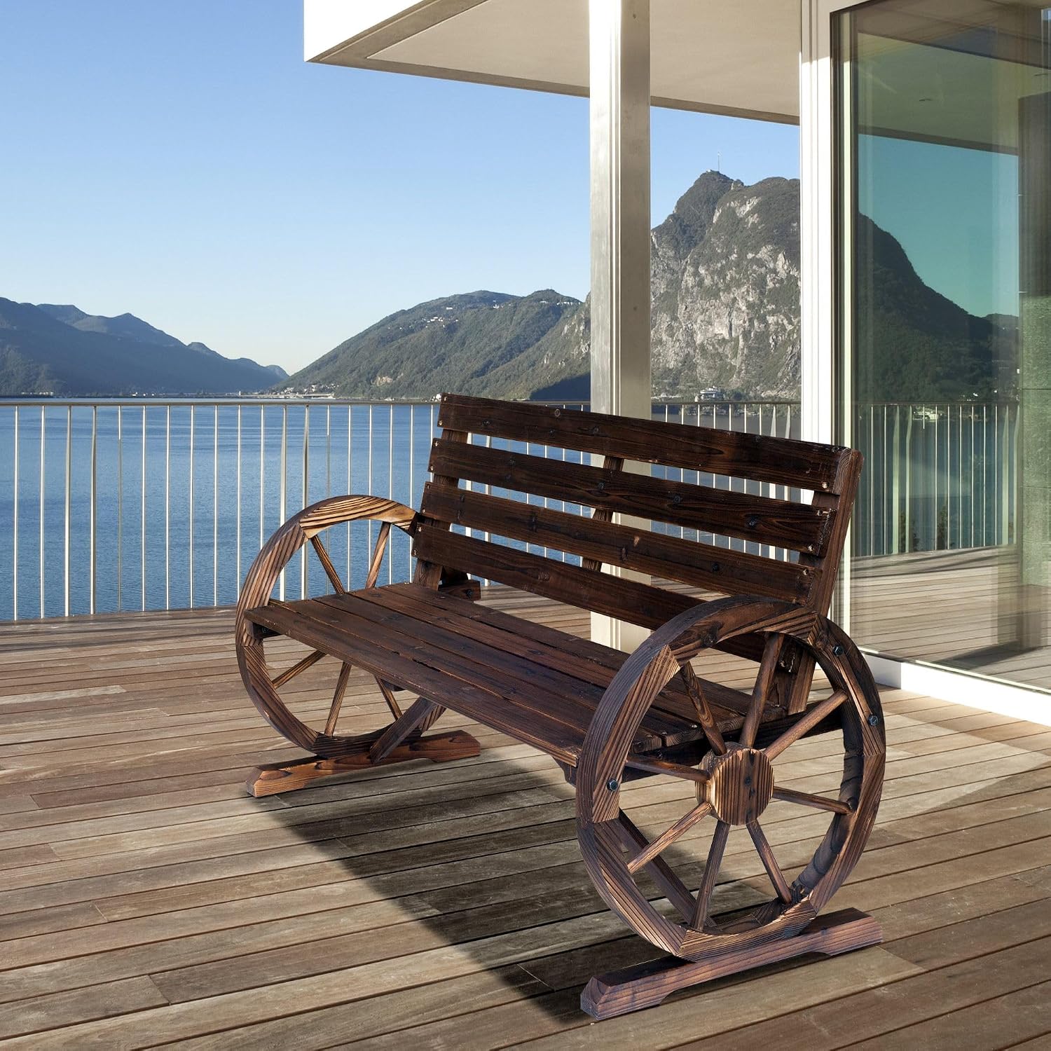 Rustic Wagon Wheel Bench for Outdoor Patio, Carbonized Solid Fir Wood with Backrest, 550 lb Capacity