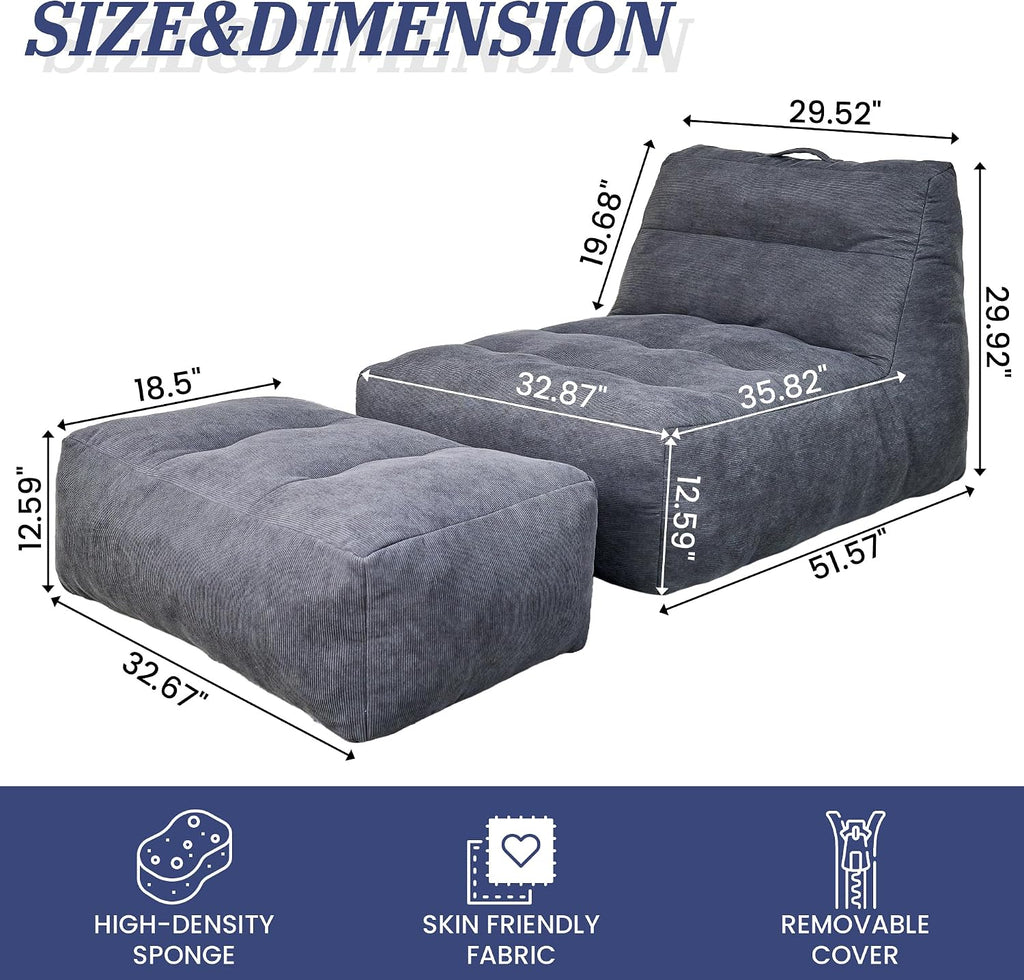 Bean Bag Chair with Ottoman, Giant Bean Bag Chairs for Adults with Memory Foam, Comfy Bean Bag Sofa for Bedroom, Lounge Beanbag of Reading and Gaming with Filler Included (Grey)