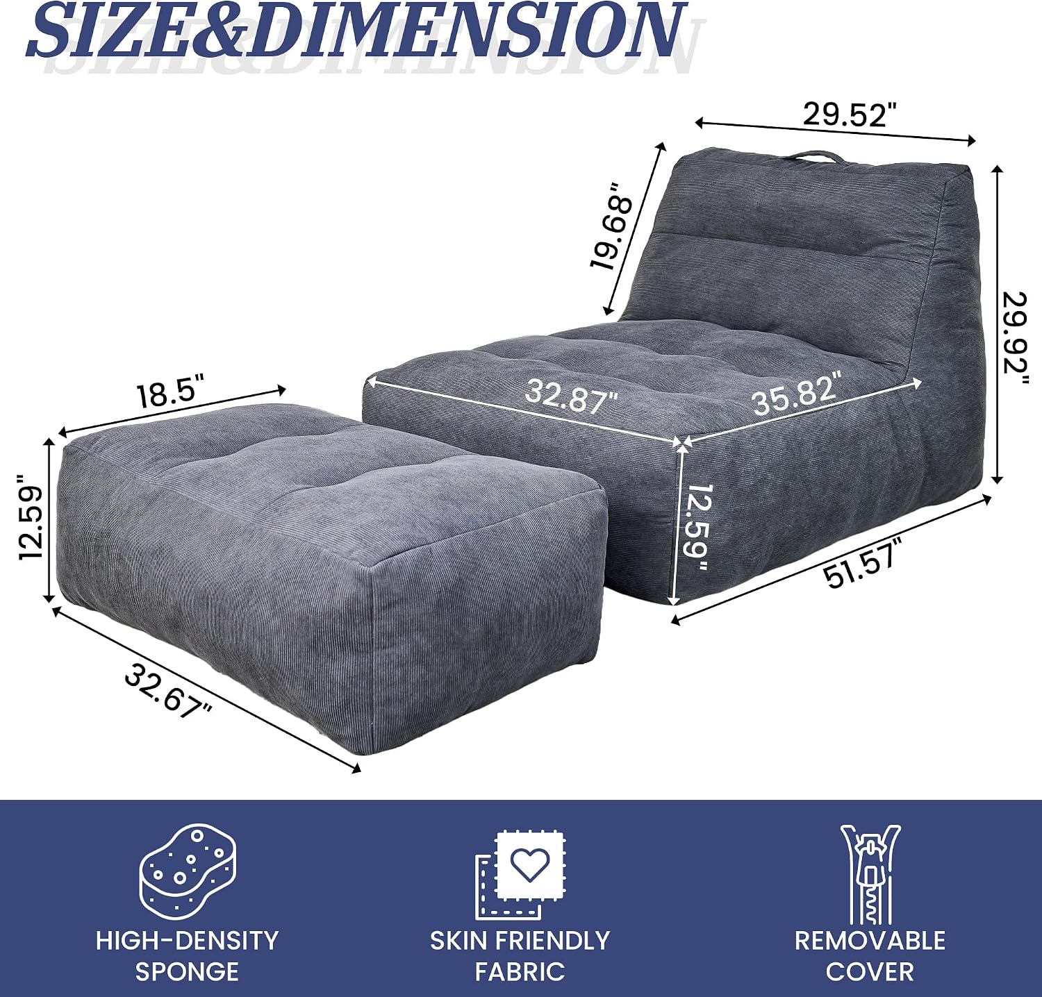 Bean Bag Chair with Ottoman, Giant Bean Bag Chairs for Adults with Memory Foam, Comfy Bean Bag Sofa for Bedroom, Lounge Beanbag of Reading and Gaming with Filler Included (Grey)