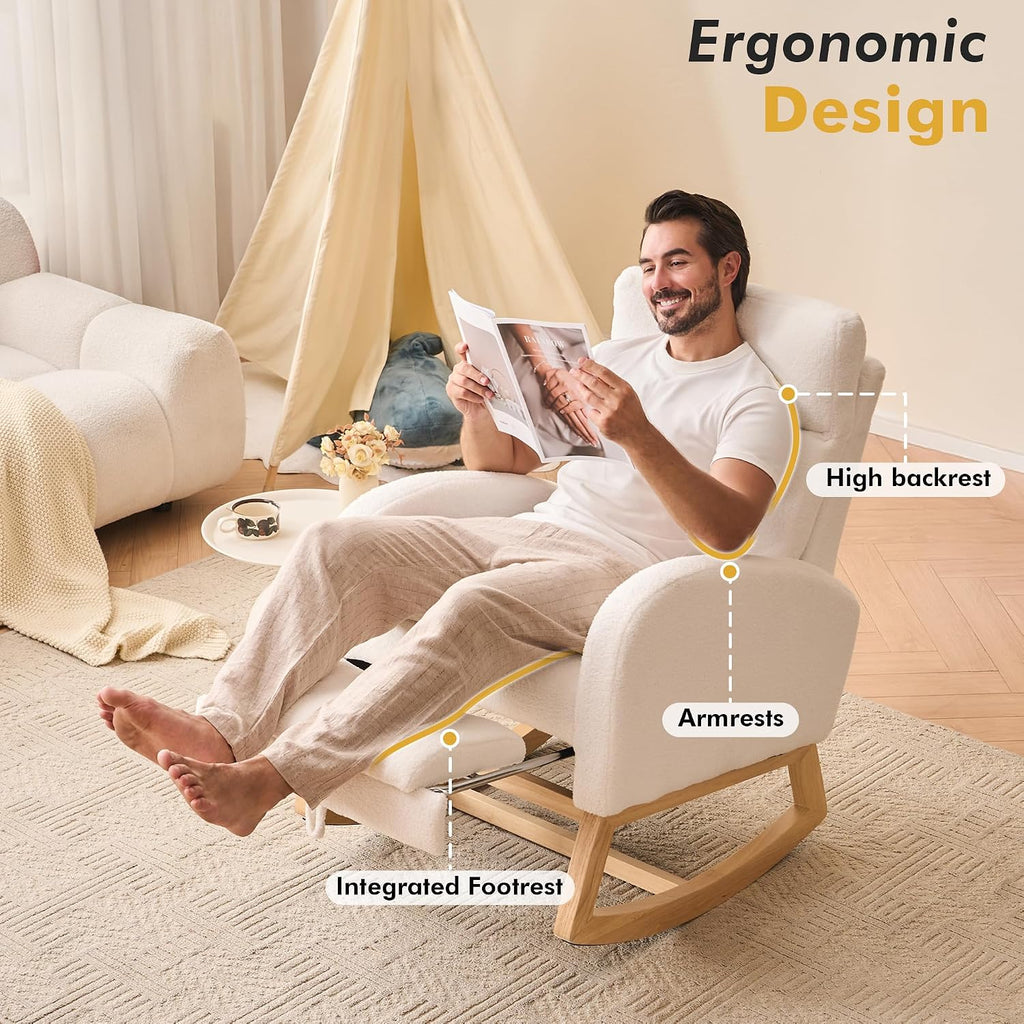 FOXHUNTER Rocking Chair for Nursery with Foot Rest Side Pocket Teddy, White | High Backrest,Headrest,Wooden Base Non-Slip Pads,Nursing Rocking Chair for Breastfeeding,Baby Bedroom,Living Room