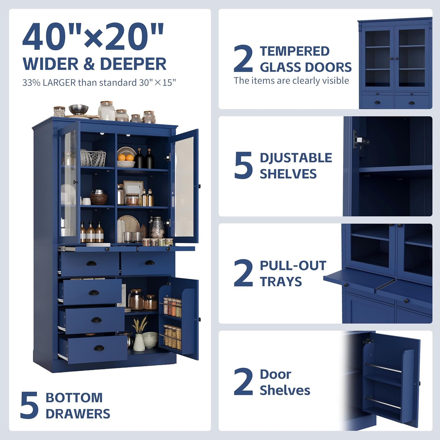 72''H Kitchen Pantry Cabinet, Vintage Storage Cupboard with 2 Glass Doors, Drawers, Serving Trays and Shelves, Freestanding Coffee Bar Cabinet for Dining Room Living Room, Blue