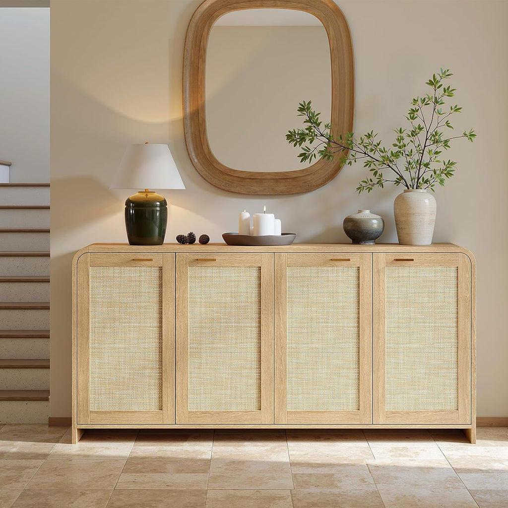 Evermagin 67" Rattan Buffet Cabinet with Storage, Boho Sideboard Cabinet with 4 Doors, Large Credenza Sideboard Buffet for Living Room, Kitchen and Hallway, Natural Oak