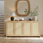 Evermagin 67" Rattan Buffet Cabinet with Storage, Boho Sideboard Cabinet with 4 Doors, Large Credenza Sideboard Buffet for Living Room, Kitchen and Hallway, Natural Oak