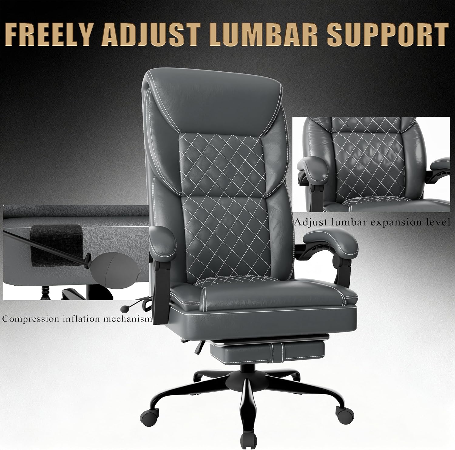 Gaming Chair, Office Chair with Inflatable Lumbar Support, Ergonomic Comfortable Wide Computer Chair with Footrest and Linked Soft Armrests, High Back 3D Enveloping Seat Cushion