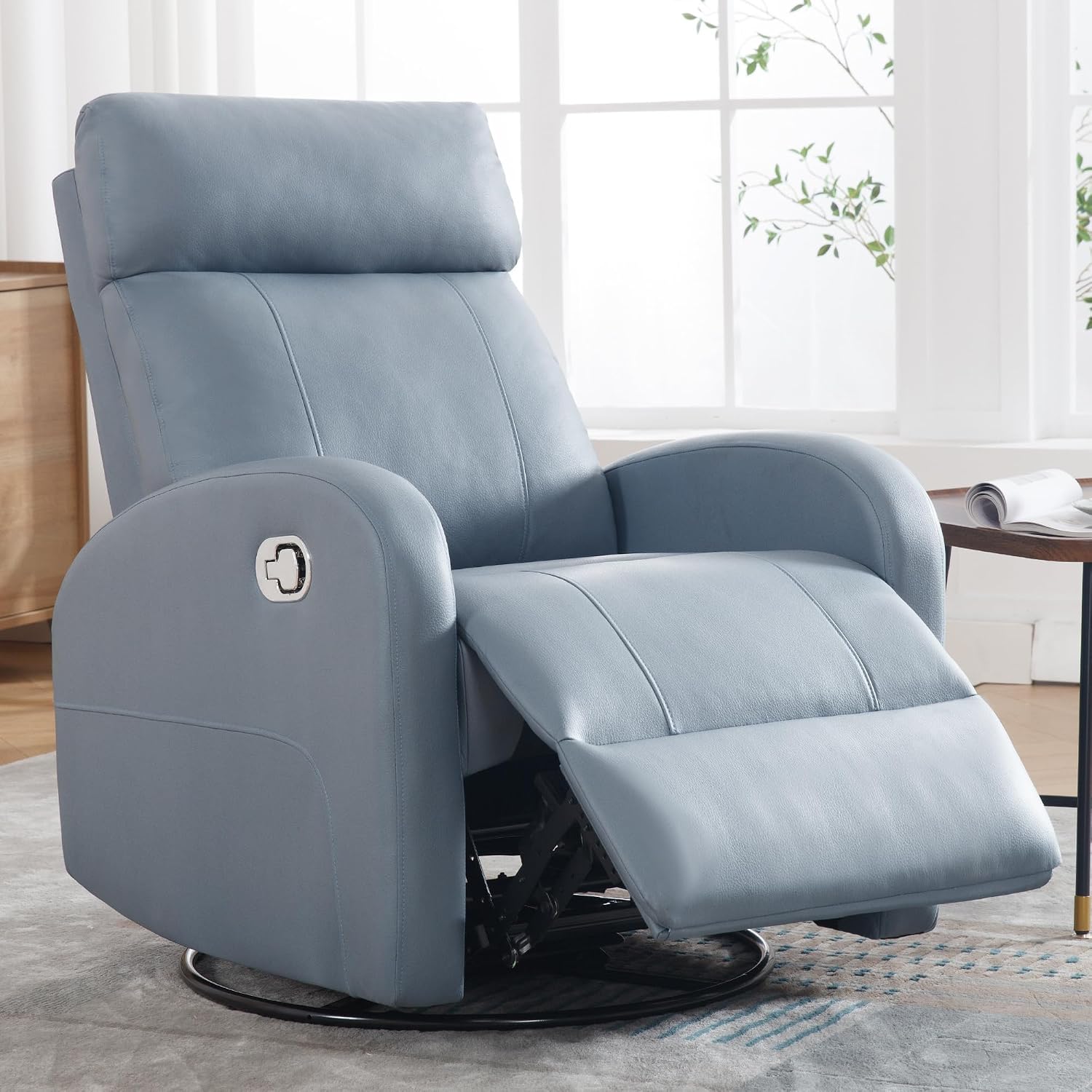 Swivel Rocker Recliner Chair, Manual Faux Leather Recliner, Glider Rocking Recliners 360°Swivel Nursery Reclining Chairs with Adjustable Headrest Highback for Living Room, Blue