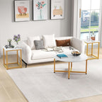 COSTWAY Coffee Table Set of 3, Round Faux Marble Coffee Table and 2 Square End Side Tables with Metal Frame, Modern 3-Piece Living Room Tables Set for Small Space, Apartment (White & Gold)