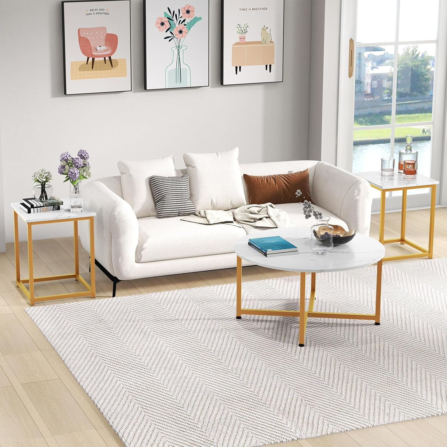 COSTWAY Coffee Table Set of 3, Round Faux Marble Coffee Table and 2 Square End Side Tables with Metal Frame, Modern 3-Piece Living Room Tables Set for Small Space, Apartment (White & Gold)