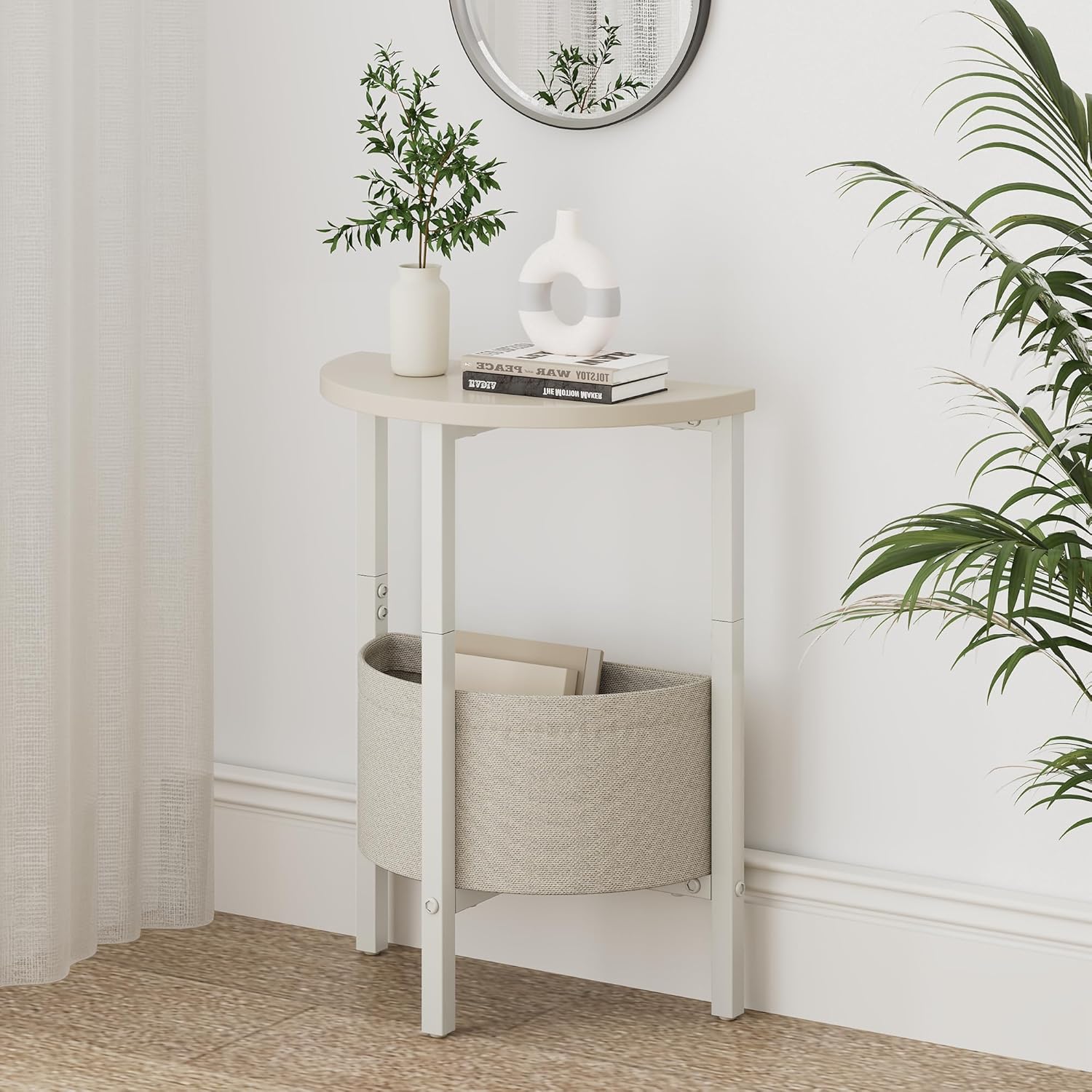Vagusicc Small Round Side Table End Table, Tall Accent Table with Storage Basket, Set of 2 Half Round Tables Half Moon Tables, Coffee Bedside Tables, Modern Nightstand for Living Room Bedroom, Cream