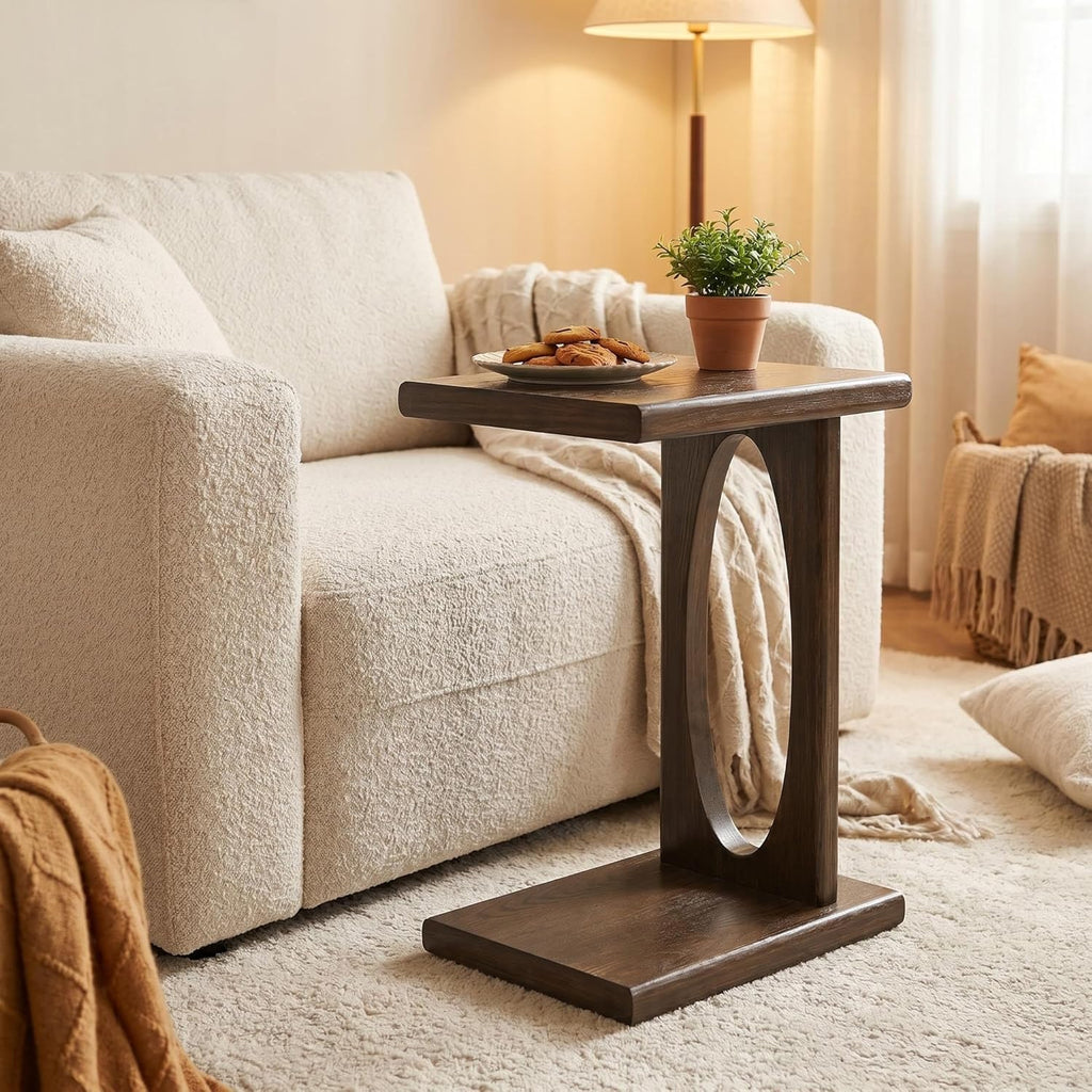 COZAYH Rustic C Shaped Side Table, Small Snack Sofa Side Table with Wood Frame for Living Room, Bedroom, Easy Assembly, Warm Brown Wood Color