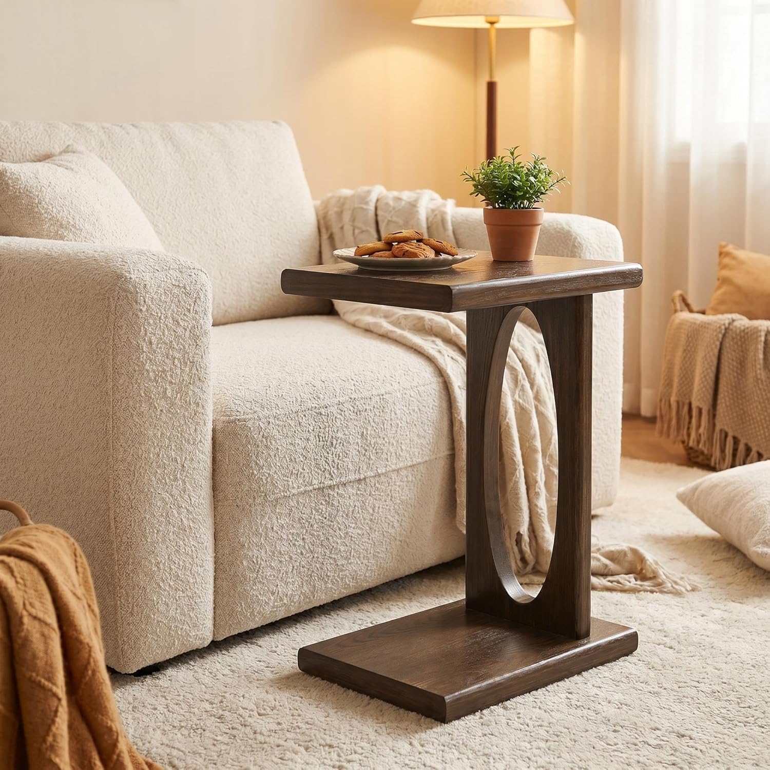 COZAYH Rustic C Shaped Side Table, Small Snack Sofa Side Table with Wood Frame for Living Room, Bedroom, Easy Assembly, Warm Brown Wood Color