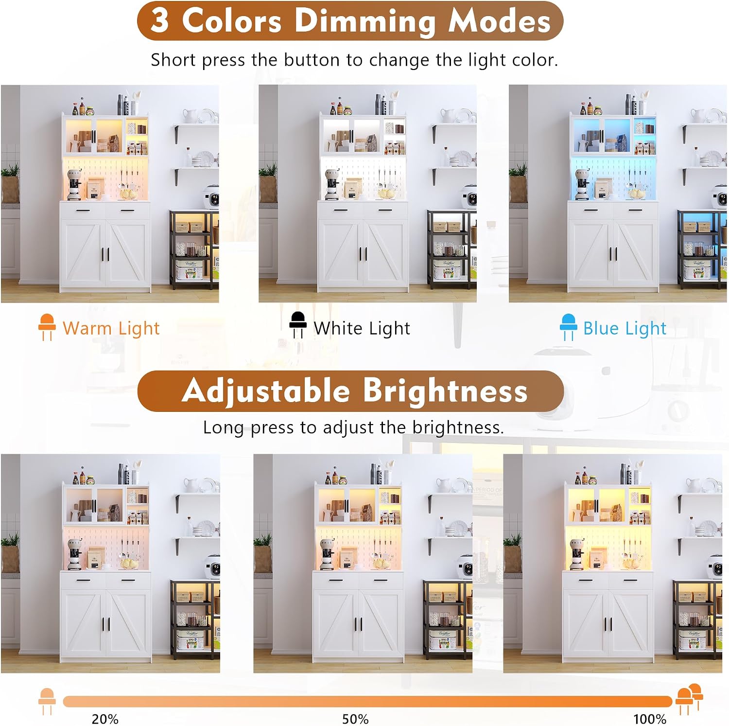 LED Kitchen Pantry Cabinet with Outlets, Farmhouse Storage Cabinet with Drawers & Adjustable Shelves, Cupboard with Pegboard and Hooks for Dining Room (White)