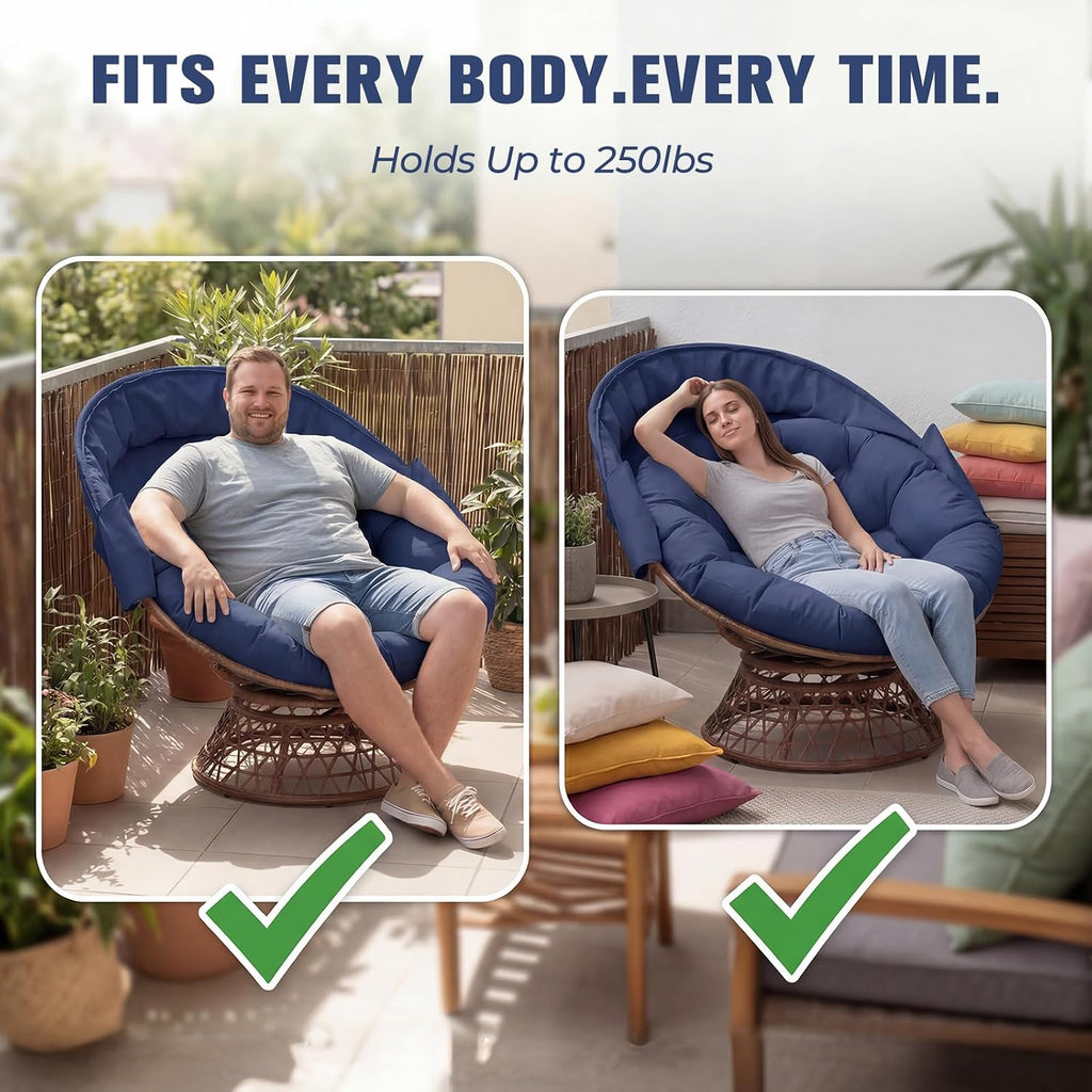 GTPLAYER Outdoor Wicker Egg Chair PE Rattan Chair with Cushion, Oversized Patio Lounge Chair with Canopy Papasan Chair 360° Swivel Base for Outdoor, Indoor, Balcony, Backyard, Garden, Blue