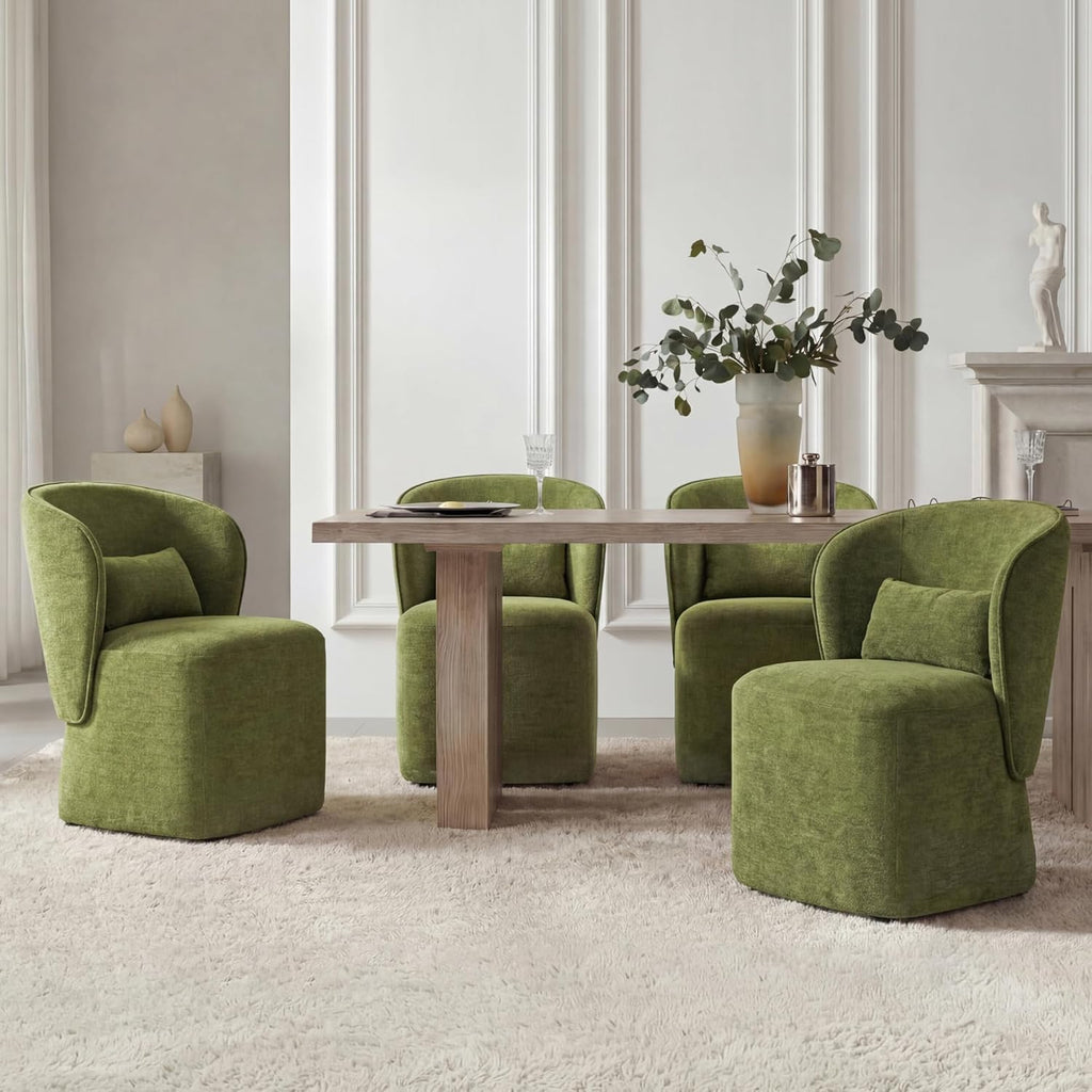 KISLOT Upholstered Dining Chairs with Wheels, Easy Assembly Stain Resistant Fabric Modern Barrel Armchair with Lumbar Cushion, Dining Room Chairs for Kitchen Living Room Bedroom, Green, Set of 2