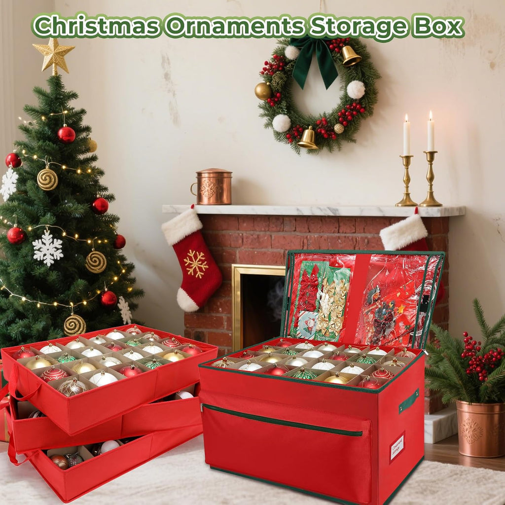 WDZREE Large Christmas Ornament Storage Box, Stores Up to 72-4" Ornaments Balls, 3 Individual Trays with Adjustable, Christmas Container Perfect for Holiday Decorations, 600D Oxford Fabric Tear-Proof
