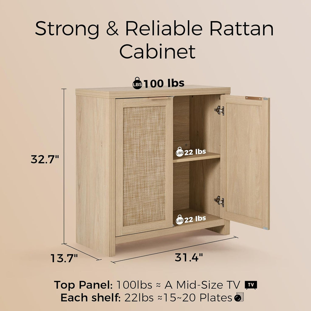 OAKHAM HOME Rattan Sideboard Buffet Cabinet with Storage, Boho Farmhouse Credenza with Adjustable Shelves, Decorative Coffee Bar Cabinet for Kitchen, Living Room & Entryway Organization, Light Oak