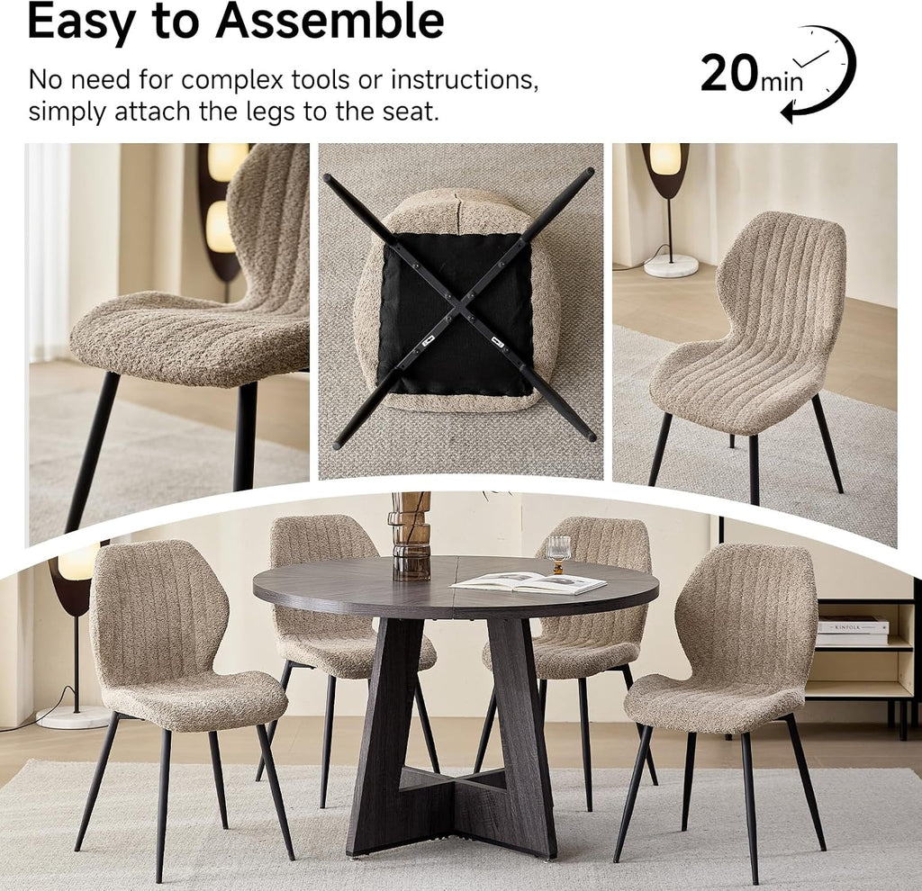 Set of 4 Boucle Dining Chairs – Modern Minimalist Upholstered Kitchen Chairs with Contoured Back and Metal Legs, Brown