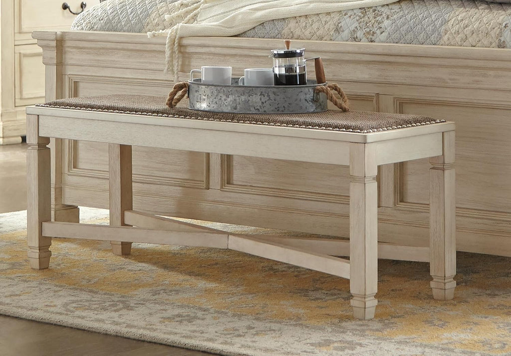 Signature Design by Ashley Bolanburg Casual French Country Upholstered Dining Room Bench with Nailhead Trim, Heavy Woven Fabric, Wood, Antique White & Tan