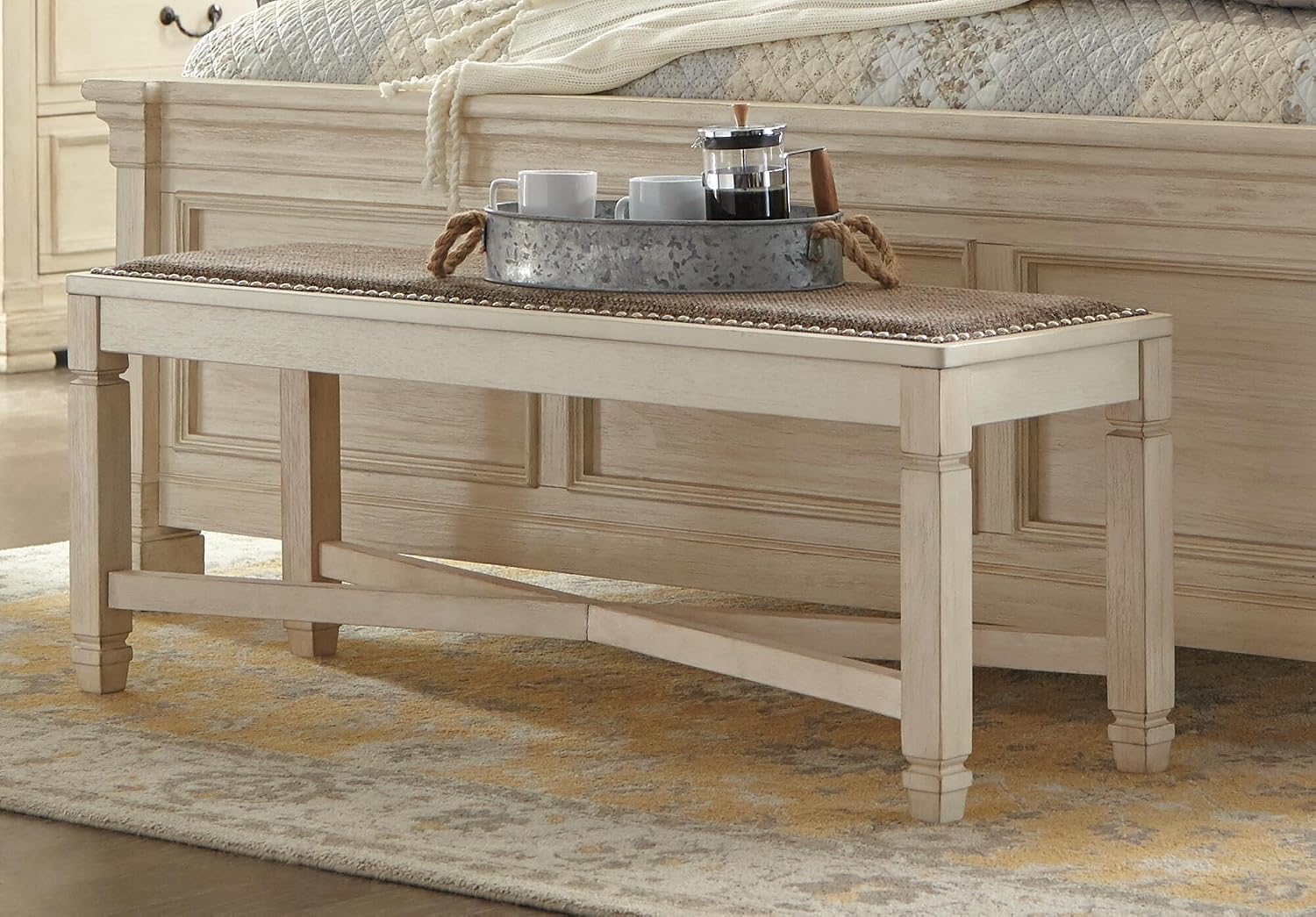 Signature Design by Ashley Bolanburg Casual French Country Upholstered Dining Room Bench with Nailhead Trim, Heavy Woven Fabric, Wood, Antique White & Tan
