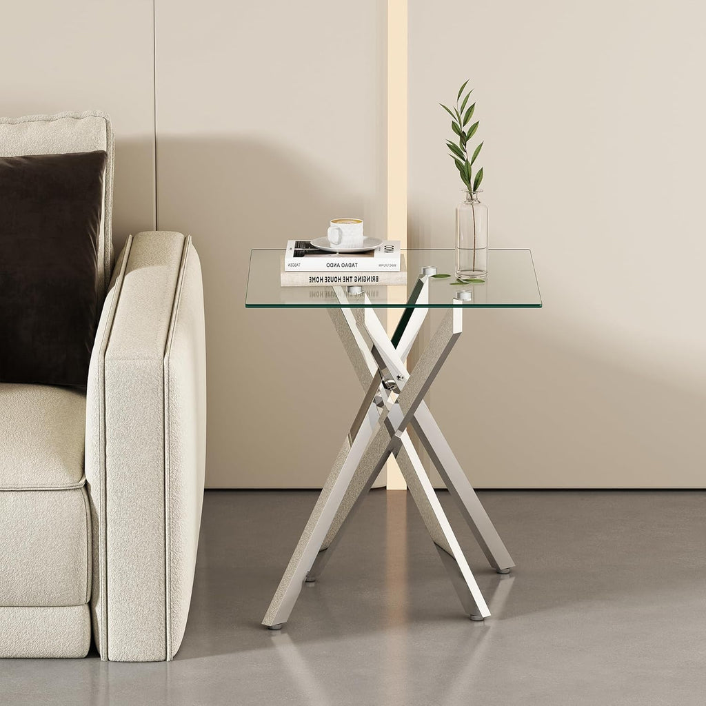 Modern Glass Side Table 17.72" Square End Table with Metal Legs, Small Clear Tempered Glass Sofa Tables for Living Room, Bedroom, Nightstand (Silver)