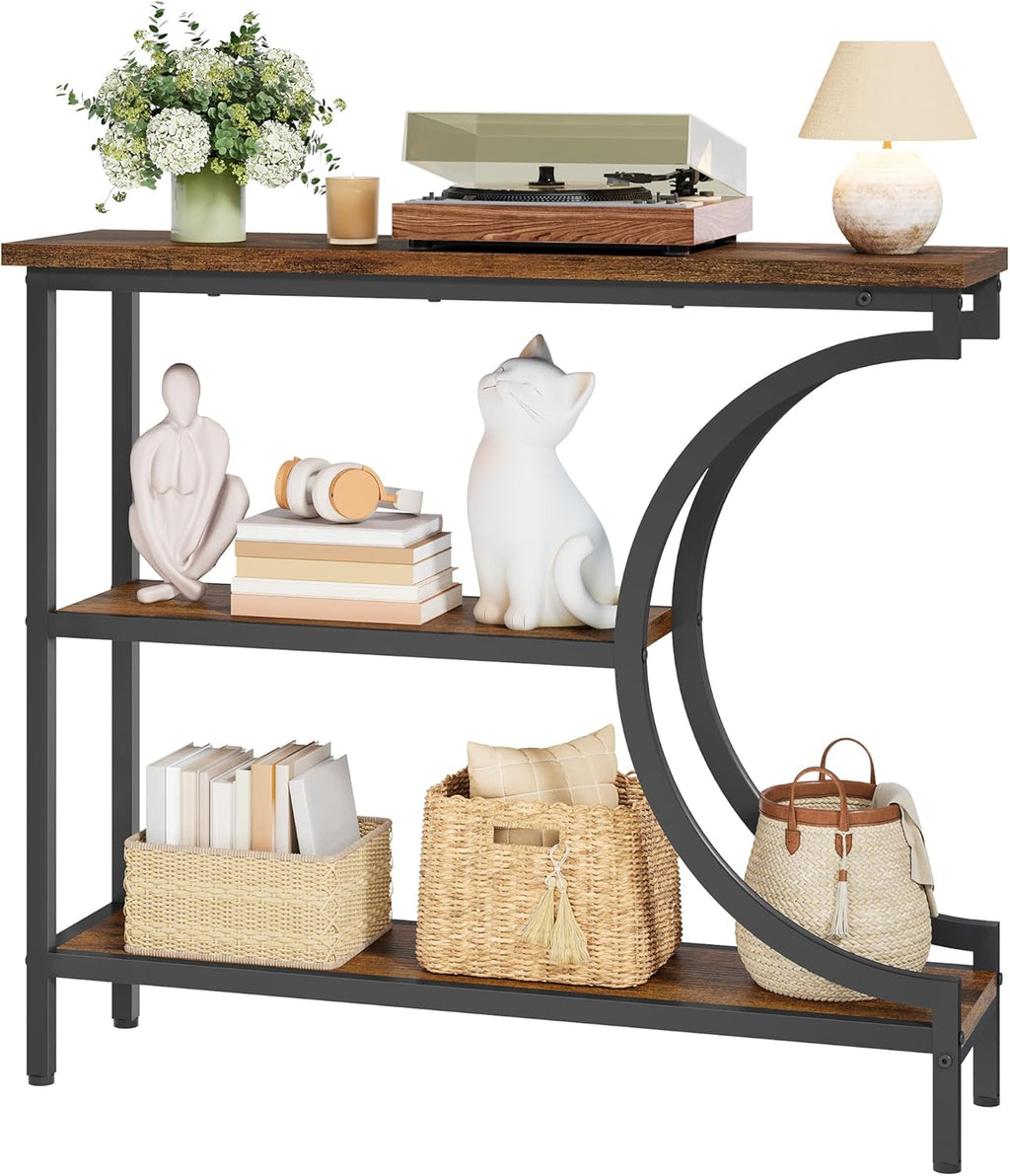 Hoctieon Console Table, 3-Tier Industrial Entryway Table with Storage, Hallway Tables, Narrow Entrance Sofa Tables, C-Shaped Metal Frame, Accent Tables with Shelves for Living Room, Rustic Brown