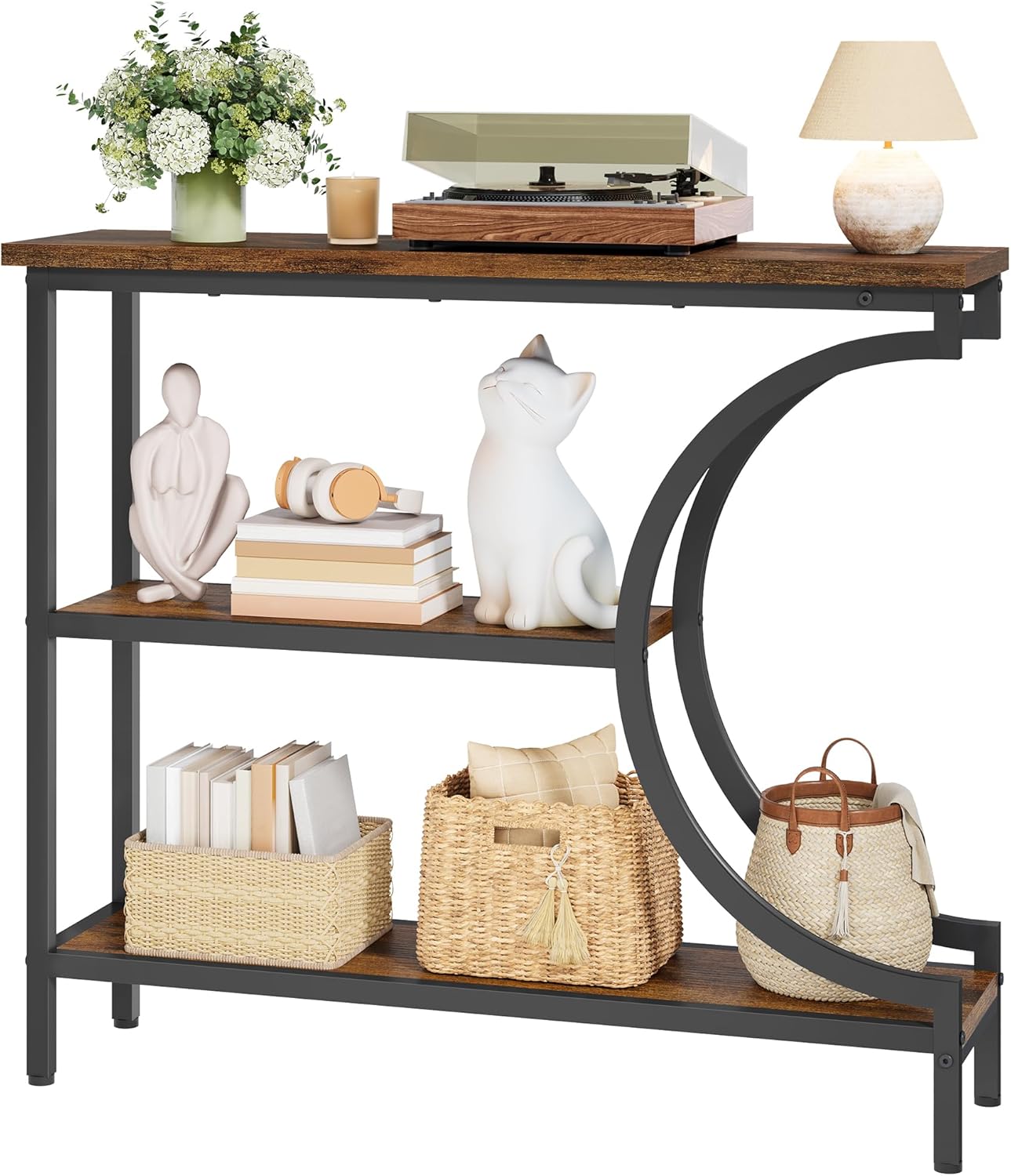 Hoctieon Console Table, 3-Tier Industrial Entryway Table with Storage, Hallway Tables, Narrow Entrance Sofa Tables, C-Shaped Metal Frame, Accent Tables with Shelves for Living Room, Rustic Brown