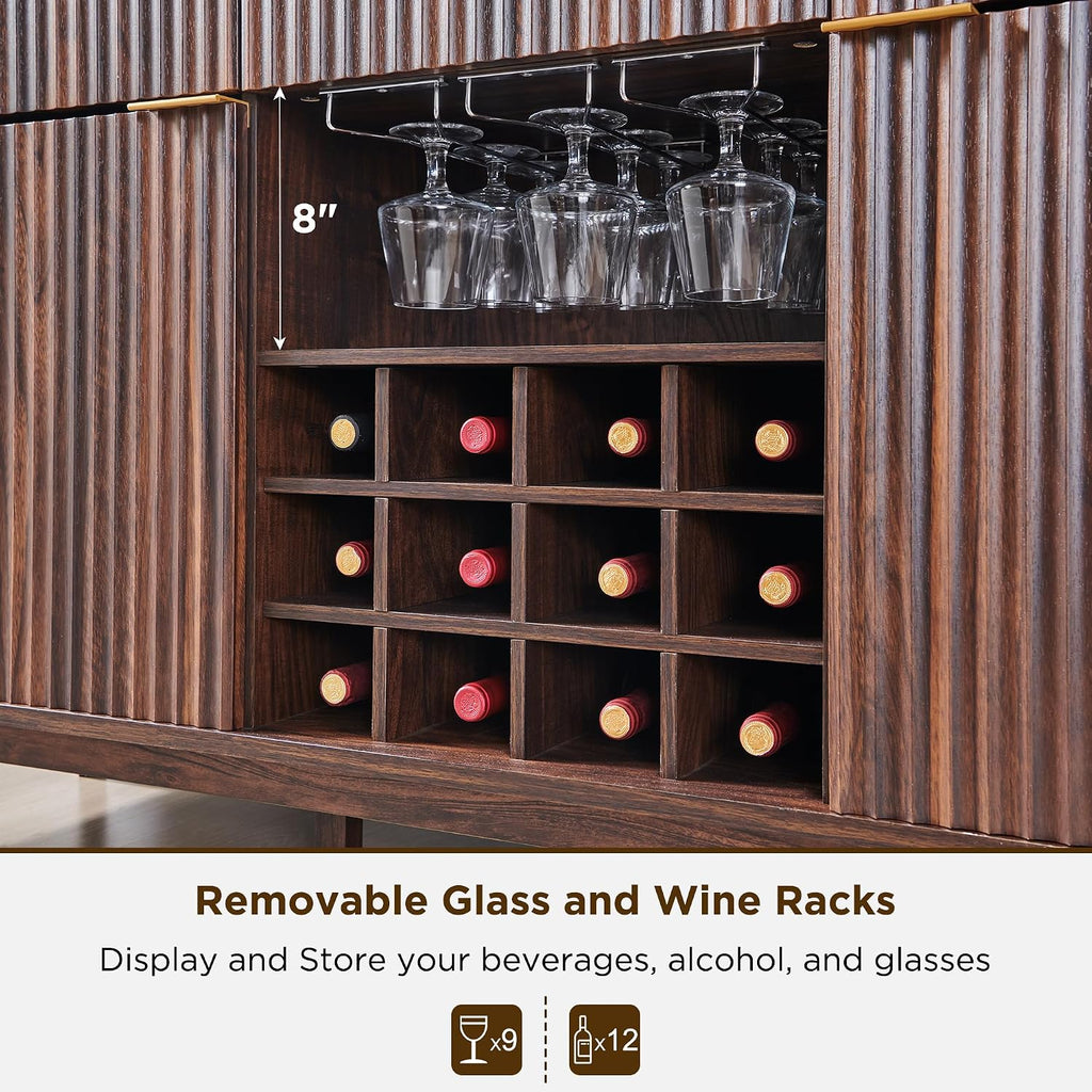 OKD Fluted Wine Bar Cabinet, 60" Wide Modern Buffet Sideboard with Ample Storage - 2 Side Cabinets, 3 Drawers, 4 Glass Holders & 12 Wine Racks, Coffee Bar Cabinet for Kitchen, Dining Room, Dark Walnut