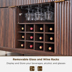 OKD Fluted Wine Bar Cabinet, 60" Wide Modern Buffet Sideboard with Ample Storage - 2 Side Cabinets, 3 Drawers, 4 Glass Holders & 12 Wine Racks, Coffee Bar Cabinet for Kitchen, Dining Room, Dark Walnut