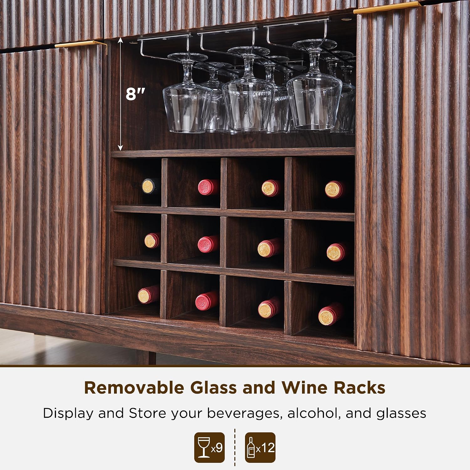 OKD Fluted Wine Bar Cabinet, 60" Wide Modern Buffet Sideboard with Ample Storage - 2 Side Cabinets, 3 Drawers, 4 Glass Holders & 12 Wine Racks, Coffee Bar Cabinet for Kitchen, Dining Room, Dark Walnut