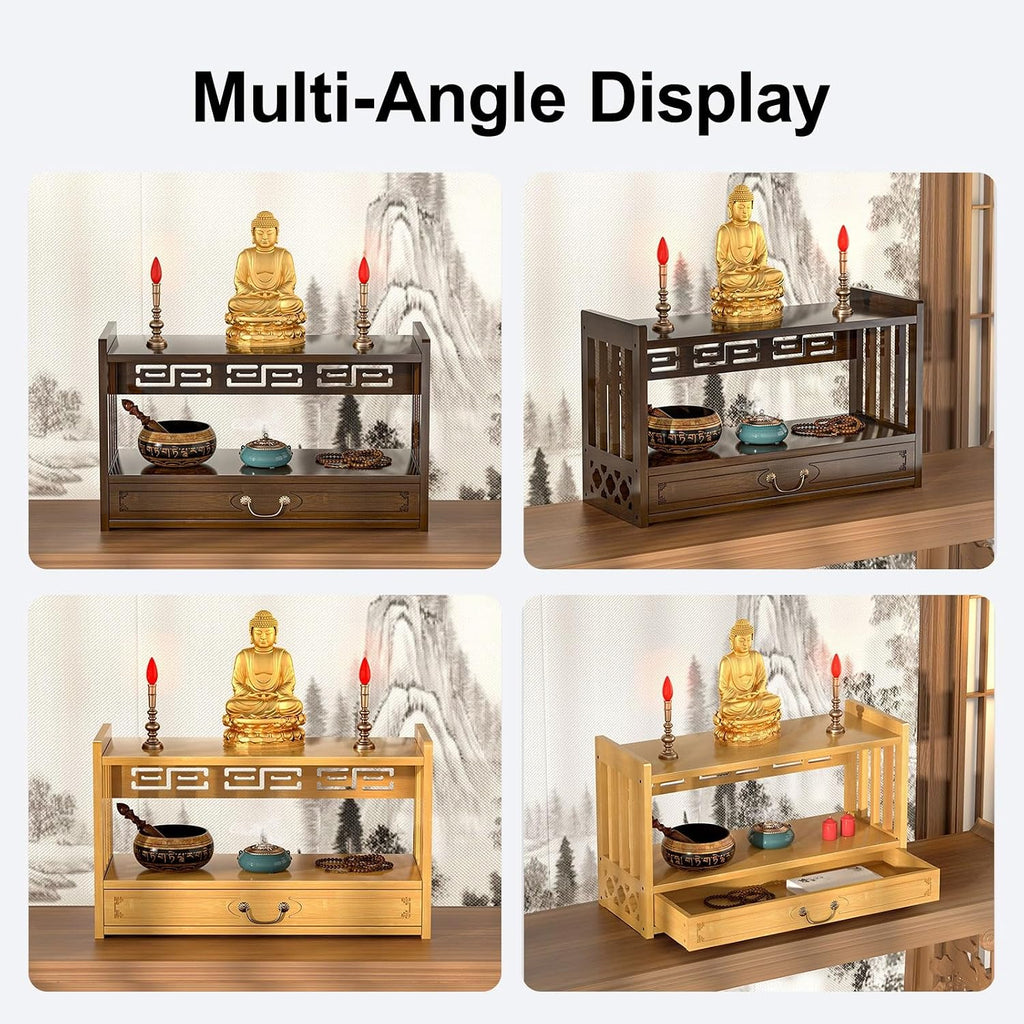 Meditation Table Altar, Small Puja, Altar Table with Storage & Drawers Prayer Shrine Desk, Pooja Mandir for Bedroom, Living Room, Church(Yellow,42 * 16.5cm/16.5 * 6.5in)