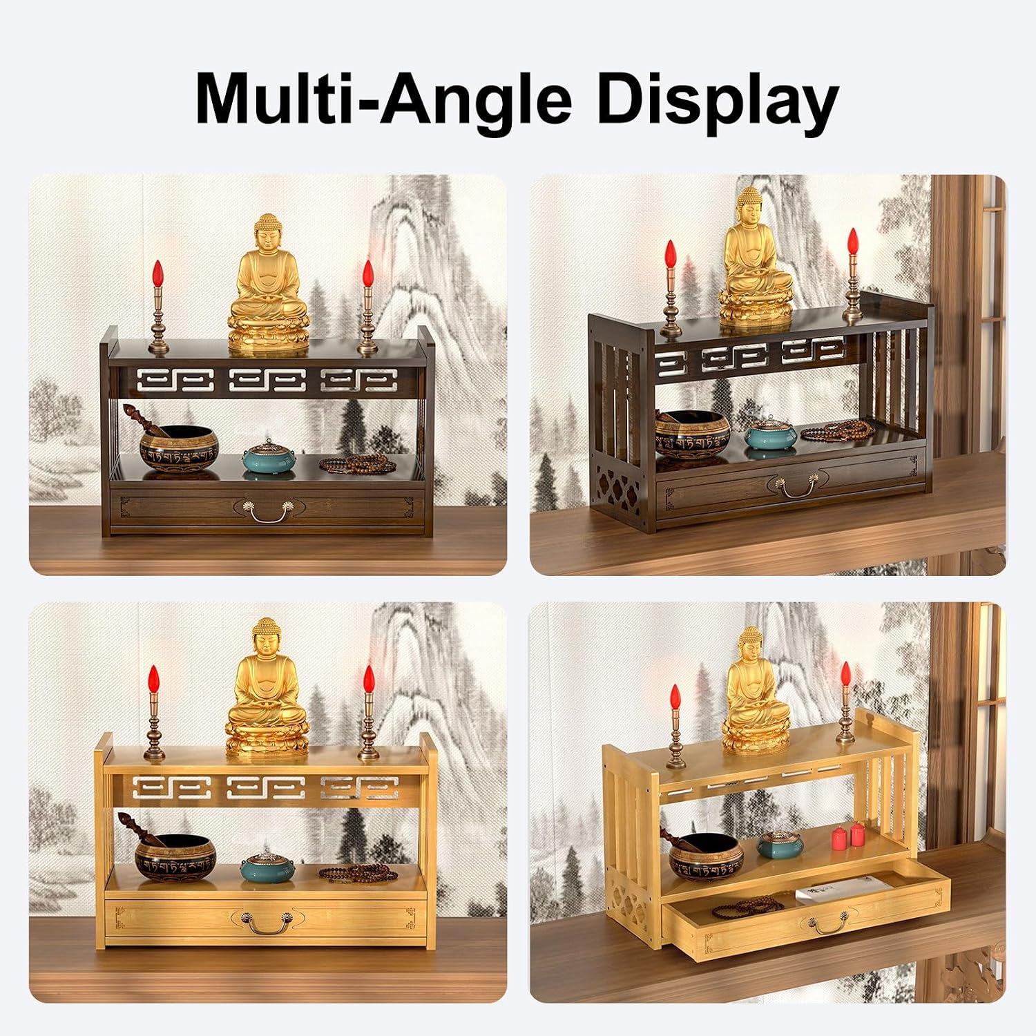 Meditation Table Altar, Small Puja, Altar Table with Storage & Drawers Prayer Shrine Desk, Pooja Mandir for Bedroom, Living Room, Church(Yellow,42 * 16.5cm/16.5 * 6.5in)