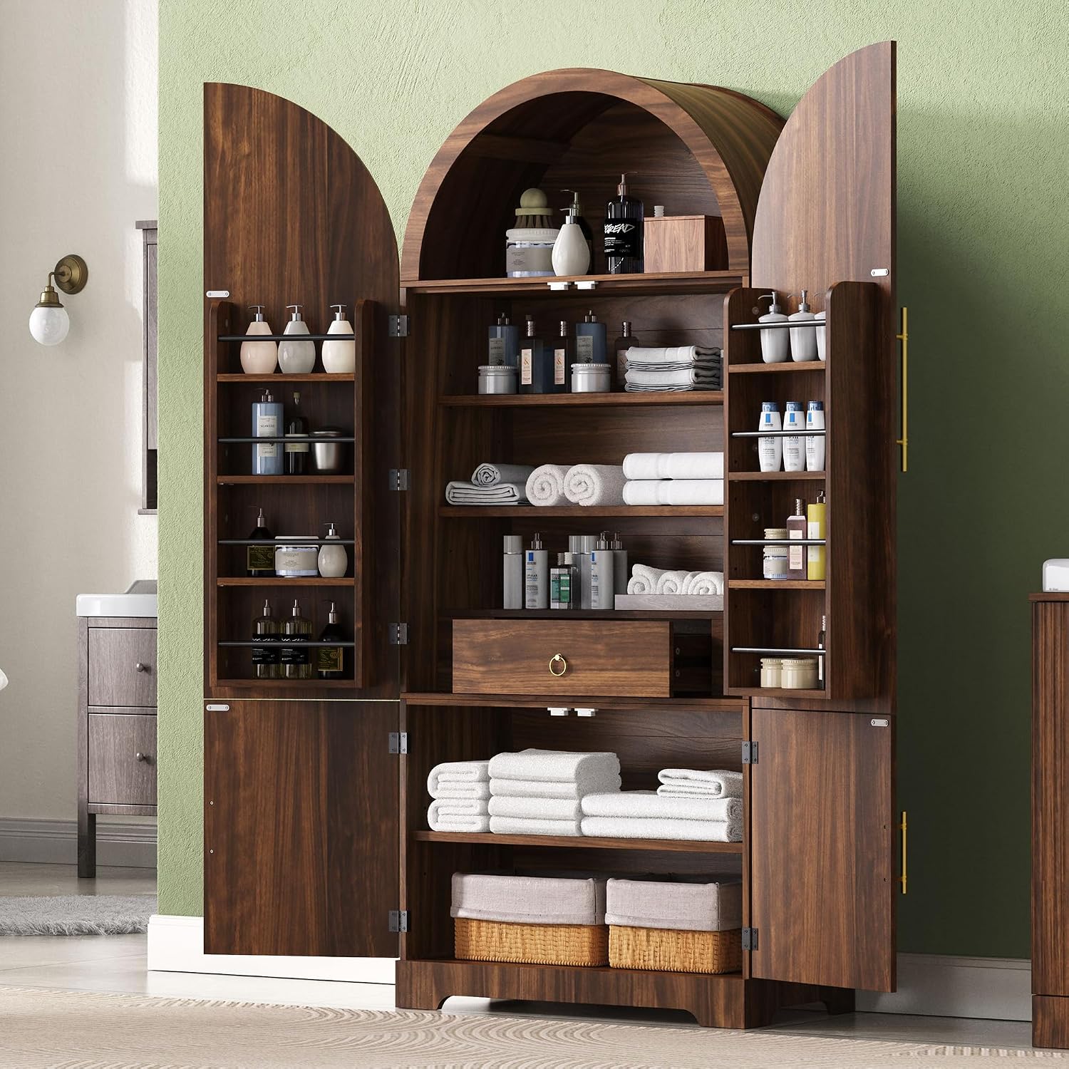 72" Tall Arched Kitchen Pantry Cabinet with Fluted Doors & 8 Shelves, Brown | Storage Cabinet with 3 Adjustable Shelves & Hidden Drawer, Versatile for Kitchen, Dining Room, Bathroom, Office