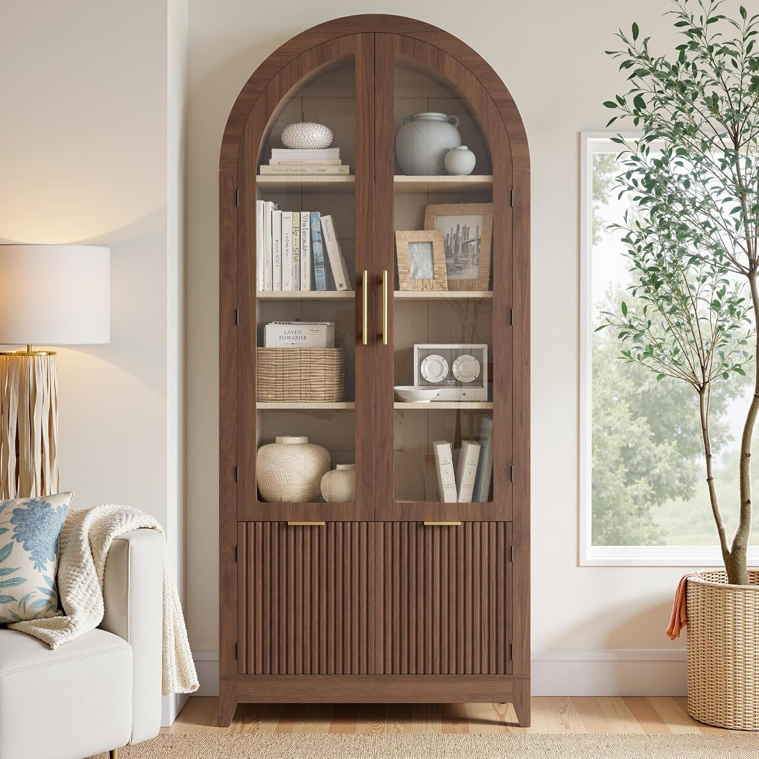 win2win Tall Arched Cabinet with Glass Doors, 69" Pantry Storage Cabinets with Fluted Doors & Adjustable Shelves, Mid Century Modern Wood Display Bookcase for Kitchen, Living Room, Bathroom, Walnut