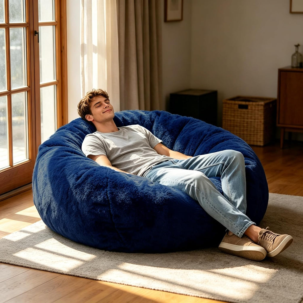 Faux Fur Bean Bag Cover (No Filler) Stuffed Animal Storage Adults Dark Blue | Bean Bag Covers Large Bean Bag Sofa for Adults, furry fuzzy surface,for living room bedroom holiday gift