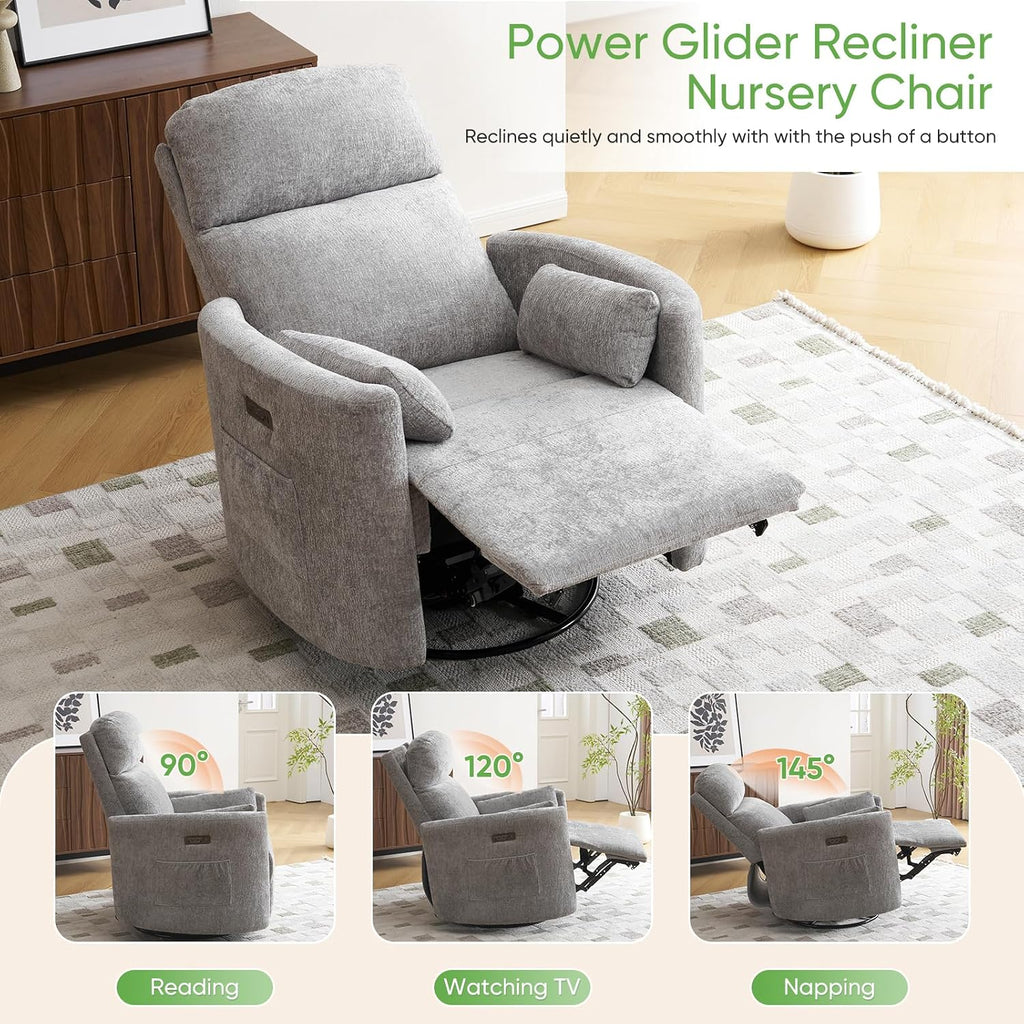 Oversized Power Recliner with Massage and Heat, Swivel Rocker Recliner with Adjustable Headrest, Glider Recliner Nursery Chair with 2 Pillows, rocking nursery recliner for Living Room,Light Grey