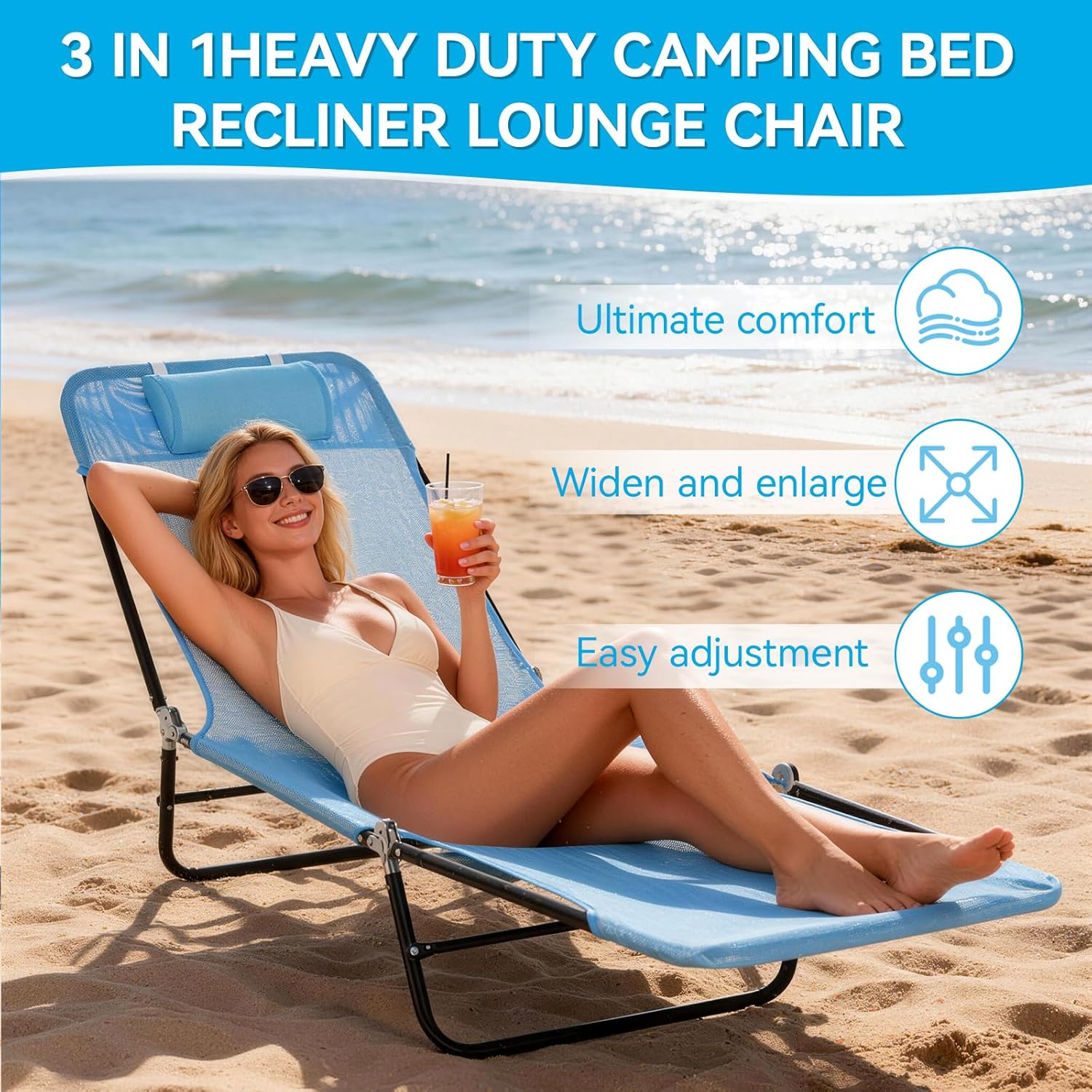 Outdoor Chaise Lounge with Detachable Pillow, Reclining Folding Chair with 5-Position Adjustable Back, Portable Tanning Chair for Beach, Pool, Lawn, Breathable Mesh Seat, No Assembly