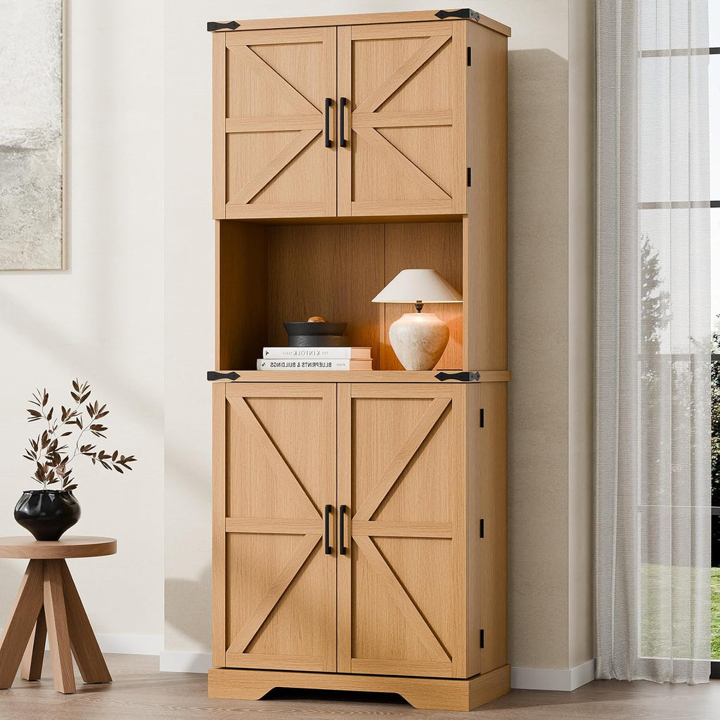Cozy Castle 74" Farmhouse Pantry Cabinet with Charging Station, Tall Kitchen Storage Hutch Cabinet Coffee Bar Workstation, Sideboard Buffet Cupboard for Dining Room Living Room Furniture, Oak