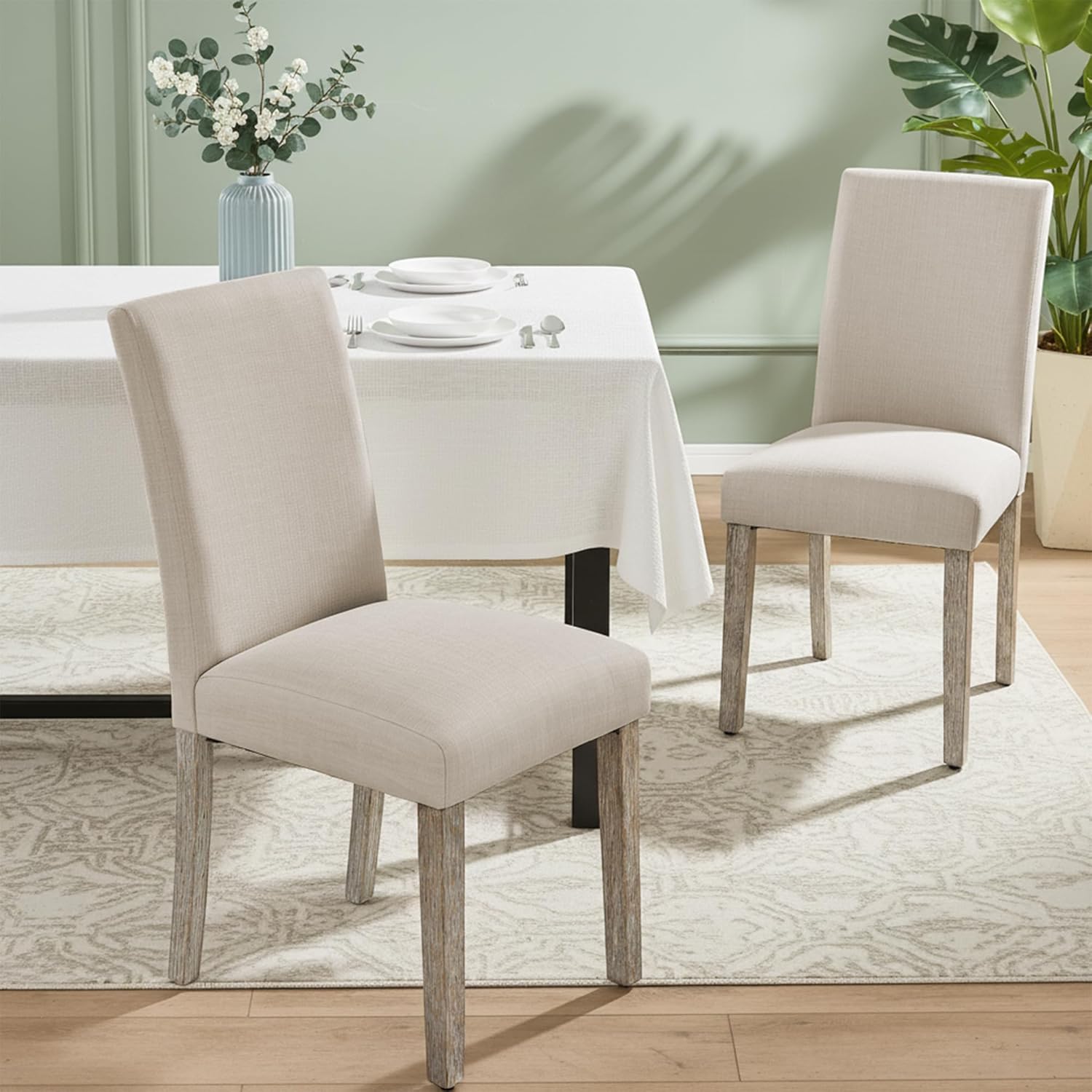 Joysoul Dining Chairs Set of 2, Upholstered Parsons Dining Chairs with Solid Wood Legs, Thickened Cushion & Ergonomic Back, Modern Fabric Kitchen Chairs for Dining Room, Living Room, Office