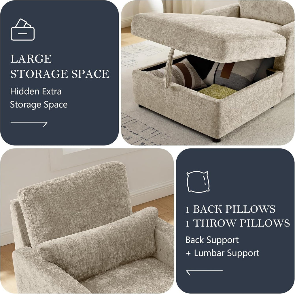 57.9" Oversized Chaise Lounge Chair Indoor, Chenille Reading Chair with Adjustable Backrest & Storage, Upholstered Comfy Sleeper Chair with 2 Pillows, Sofa Bed for Living Room, Bedroom, Camel