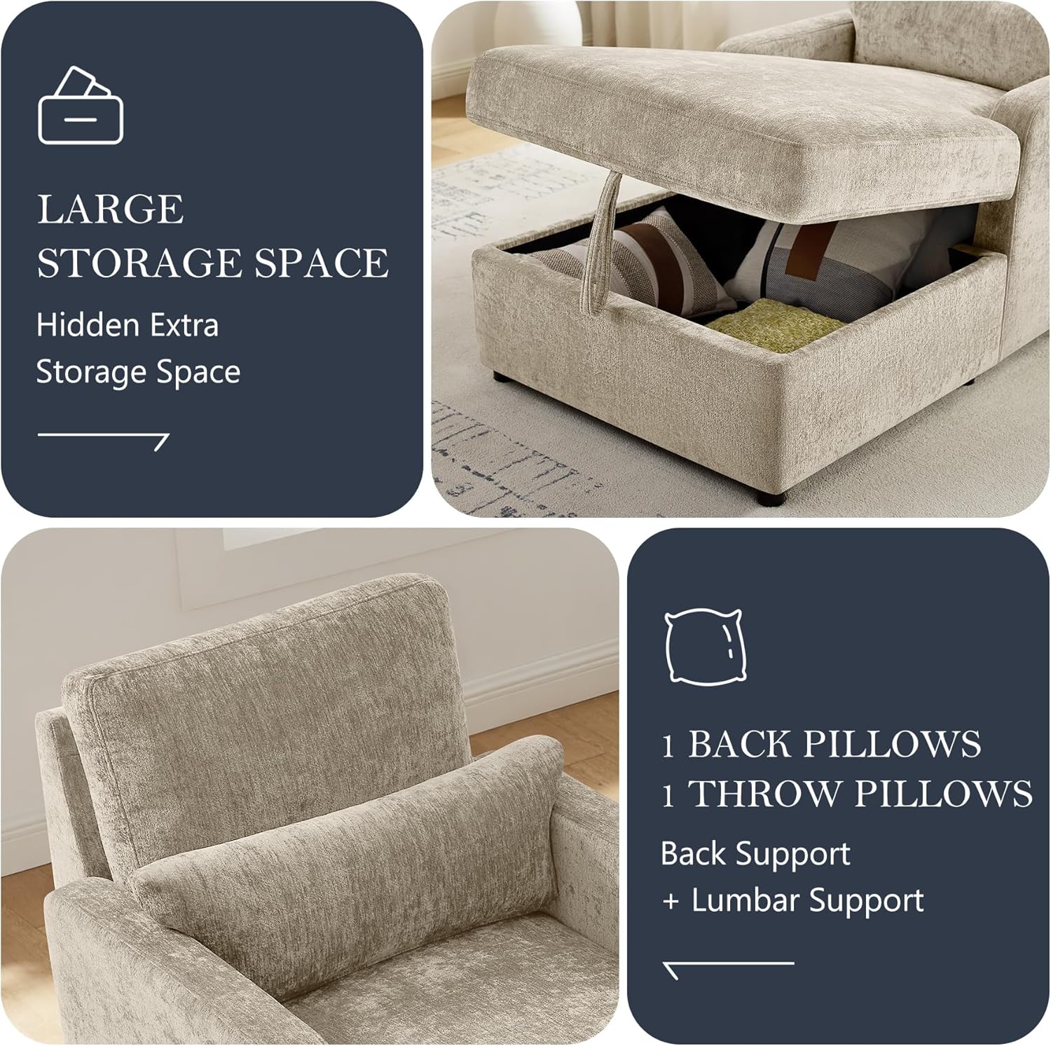 57.9" Oversized Chaise Lounge Chair Indoor, Chenille Reading Chair with Adjustable Backrest & Storage, Upholstered Comfy Sleeper Chair with 2 Pillows, Sofa Bed for Living Room, Bedroom, Camel