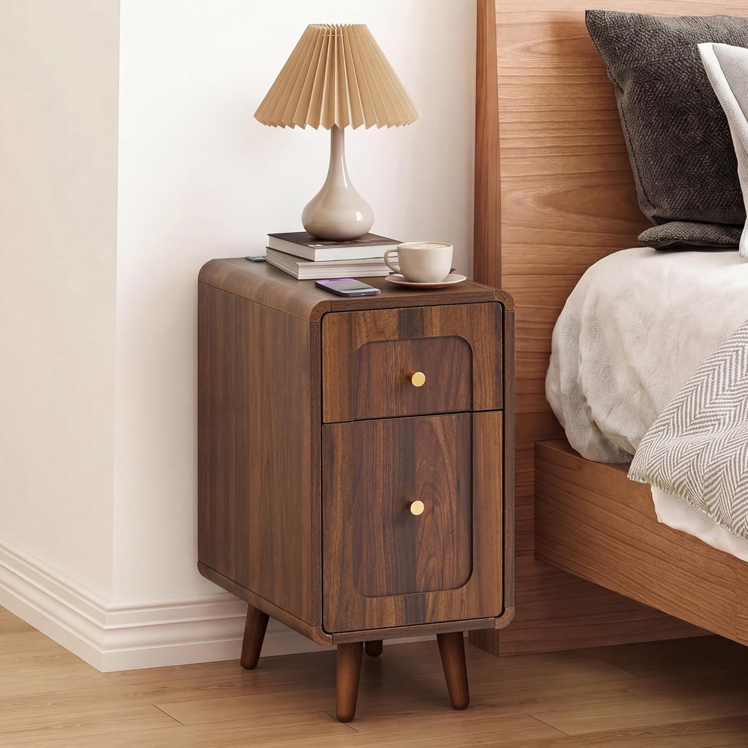 Narrow Side Table, Wood Night Stand with Charging Station, Farmhouse Sofa End Table with Drawer & Storage Cabinet, Slim Nightstand for Small Spaces Living Room Bedroom Office